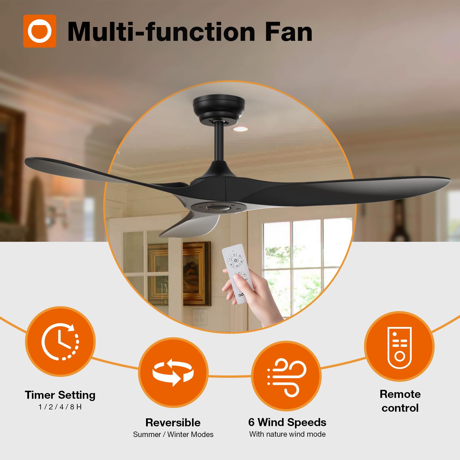 Addlon Outdoor Ceiling Fan No Light, 60 Inch Black Ceiling Fan With Remote Control, 6 Speeds, Reversible Dc Motor, Noiseless, Mo