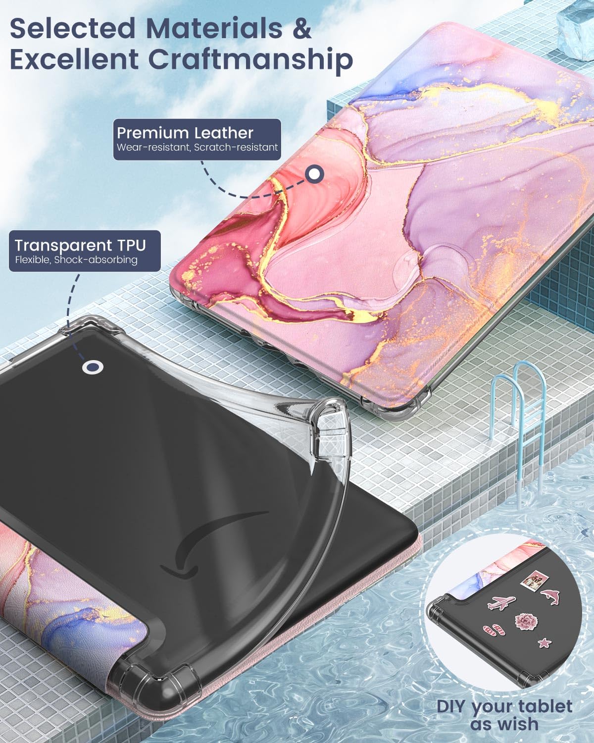 MoKo Case for 6' All New Kindle (11th Generation 2024/2022 Release), Ultra Clear Soft Flexible Transparent TPU Back Cover with Auto Wake/Sleep for Kindle 11th Generation 2024, Light Pink Gold Marble