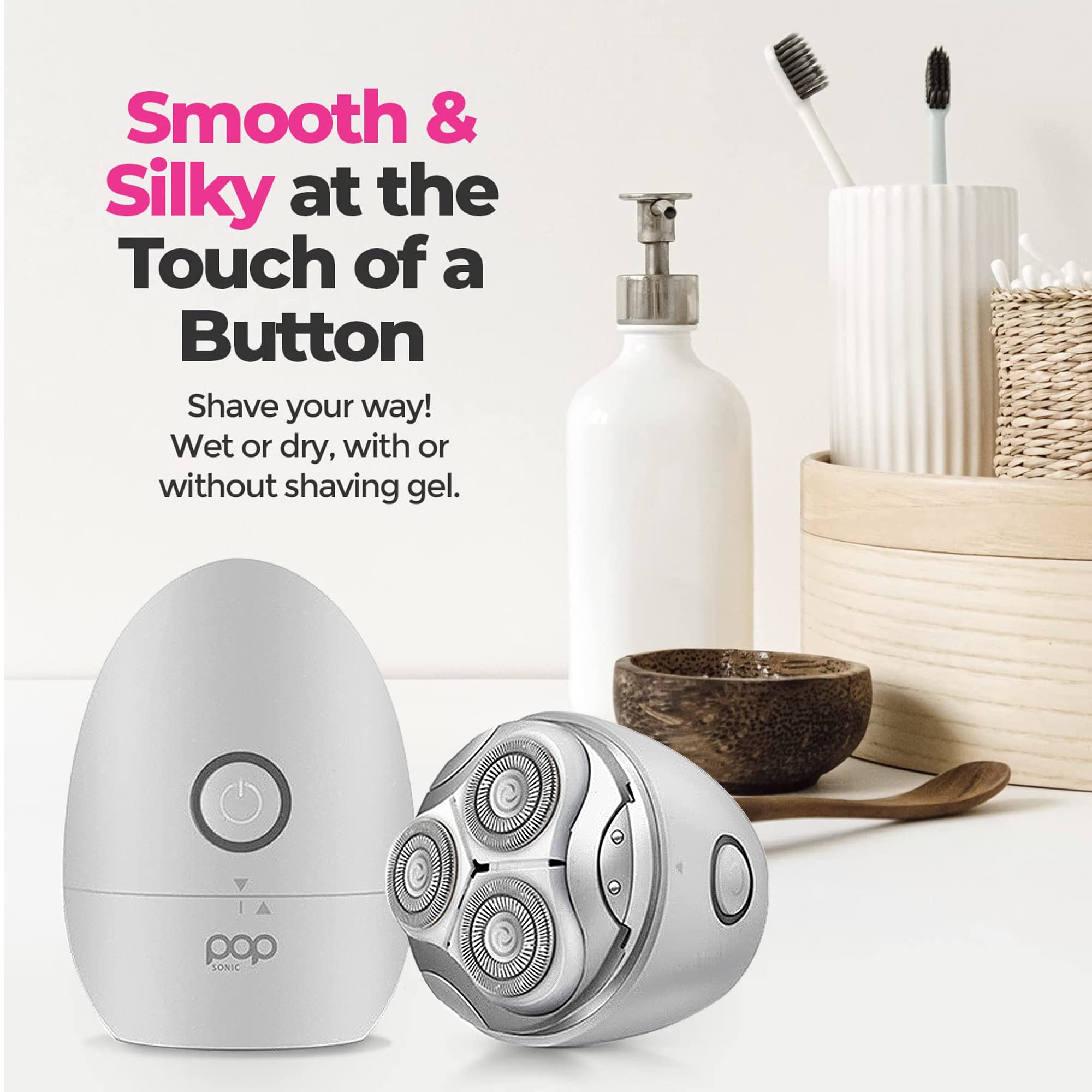 Pop Sonic Moon Shaver (Silver) - Face & Body Shavers For Men & Women - 3 Floating Rotary Heads Face Shaver W/Removable Cap - Lon