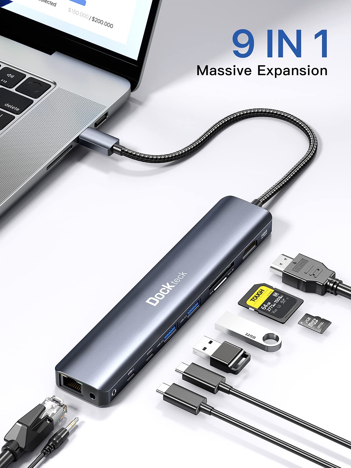 Usb C Hub, 9 In 1 Dockteck Usb C To Hdmi Adapter With 4K@60Hz, 1Gbps Ethernet, 100W Pd, Audio, Usb C And 2 Usb A 5 Gbps Data Por