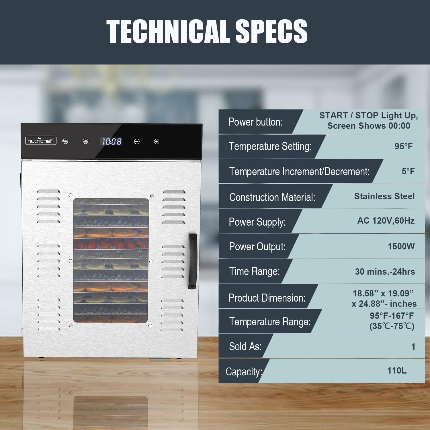 Nutrichef Premium Food Dehydrator Machine - 1500 Watts, 16-Tray Stainless Steel Dehydrator With Digital Timer And Temperature Co