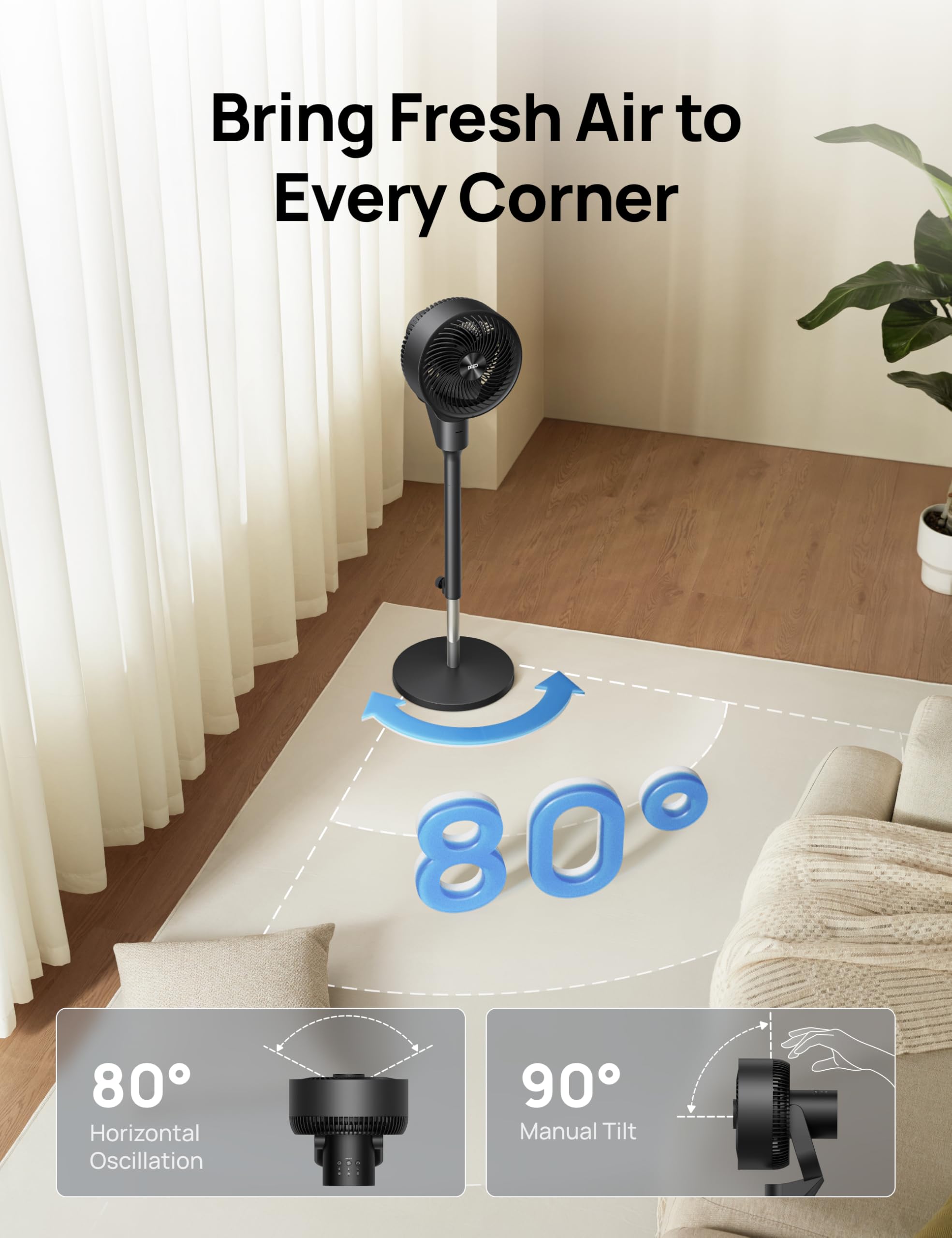 Dreo Fan For Bedroom, 80? Oscillating Standing Fan, 25Db Quiet, 80Ft Pedestal Fans For Home Office, 90? Manual Vertical, 3 Speed