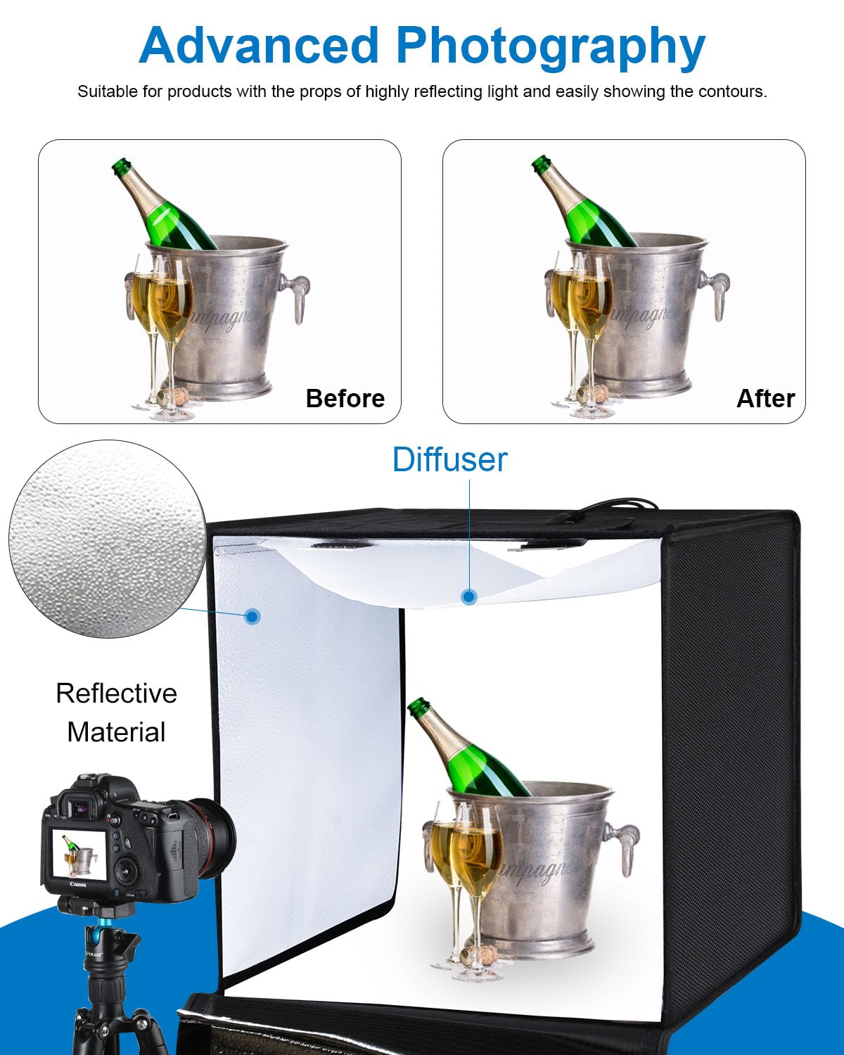 Puluz Light Box 24X24In, Portable Photo Studio Light Box With 120 Led Lights &6 Color Backdrops Professional Photography Lightin