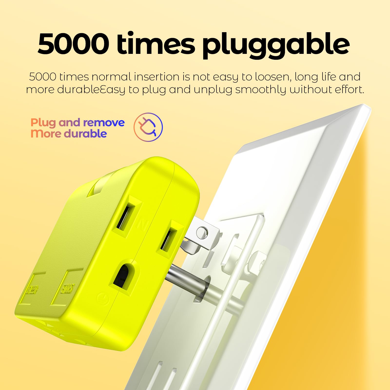 2 Pack Plug Splitter   3 Prong Wall Adapter With 2 To 3 Prong Outlet Converter, Safe & Space Saving Plug Extender, Yellow