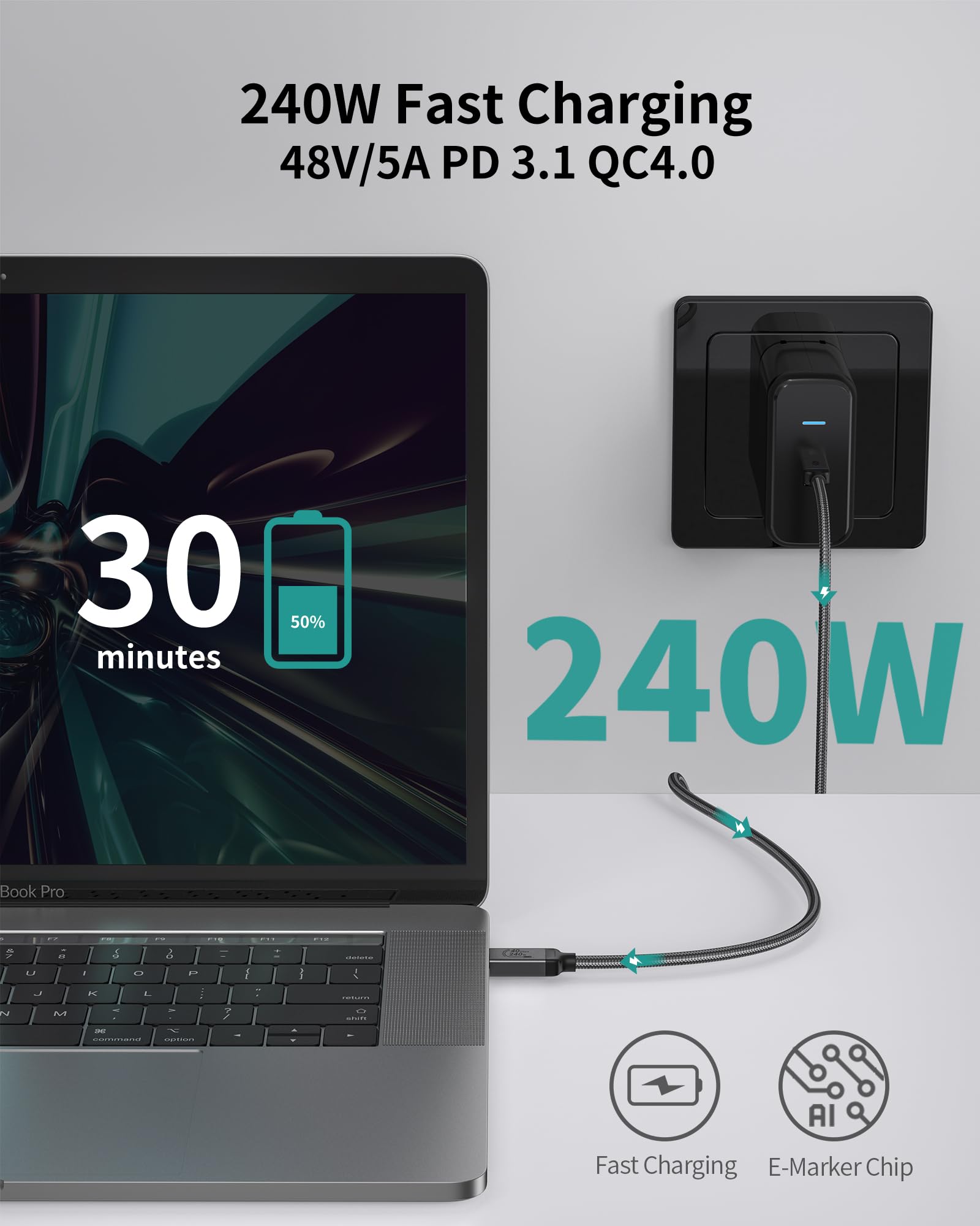 Silkland Usb4 Cable For Thunderbolt 4 Cable 2.6Ft/0.8M, 40Gbps Data Transfer, 240W, 8K/5K@60Hz, Usb C Thunderbolt Cable Compatible For Macbook, Iphong 16/15, Ssd, Hub, Docking, Egpu,Portable Monitor