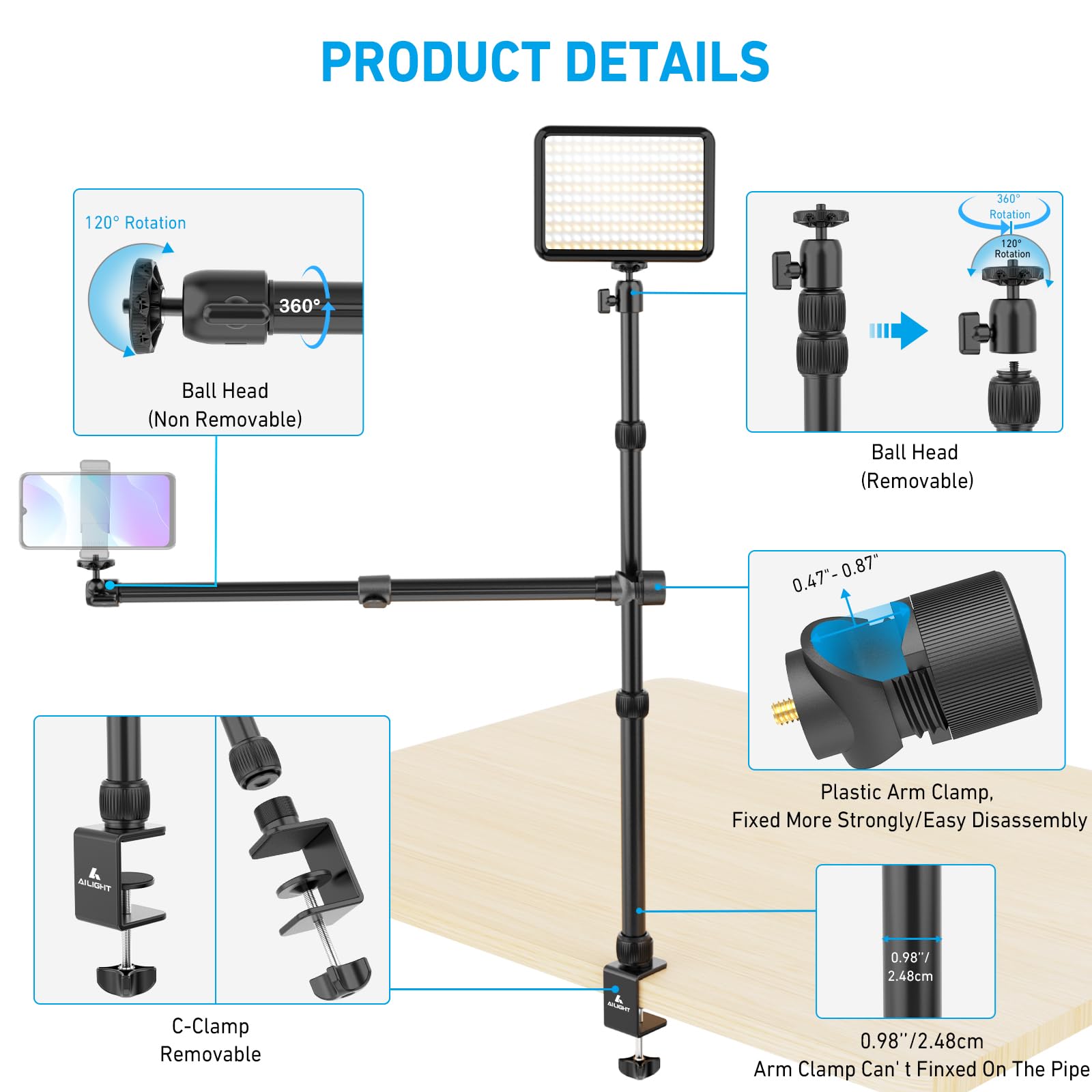 Overhead Camera Mount Table Stand With 2 Section Telescopic Arm, 13'' 33'' Adjustable Light Stand Mount With Table C Clamp/Swive