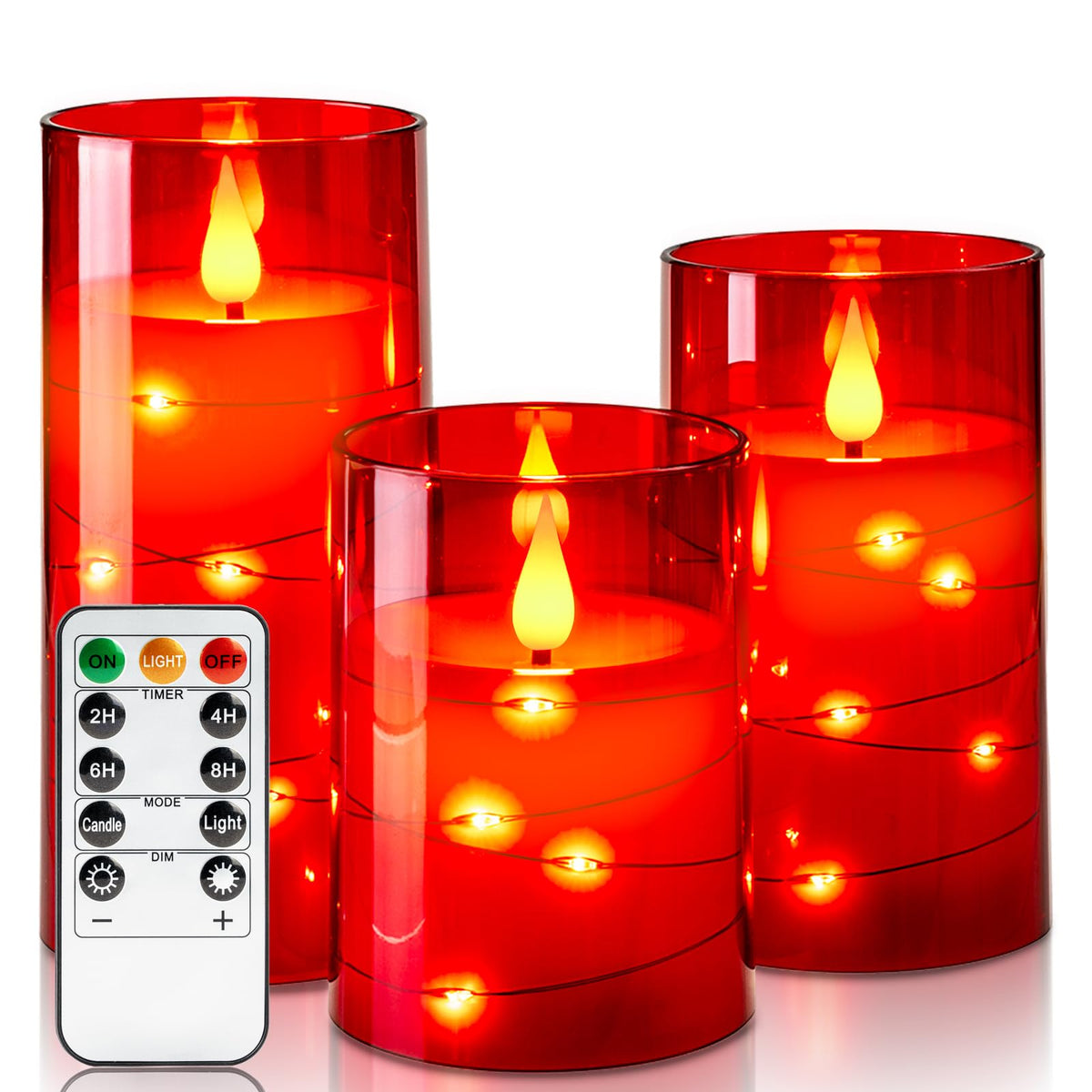 Amagic Red Flameless Candles 3 Set, Flickering Battery Operated Candles Embedded Fairy String Light, Realistic Pillar Candle Wit
