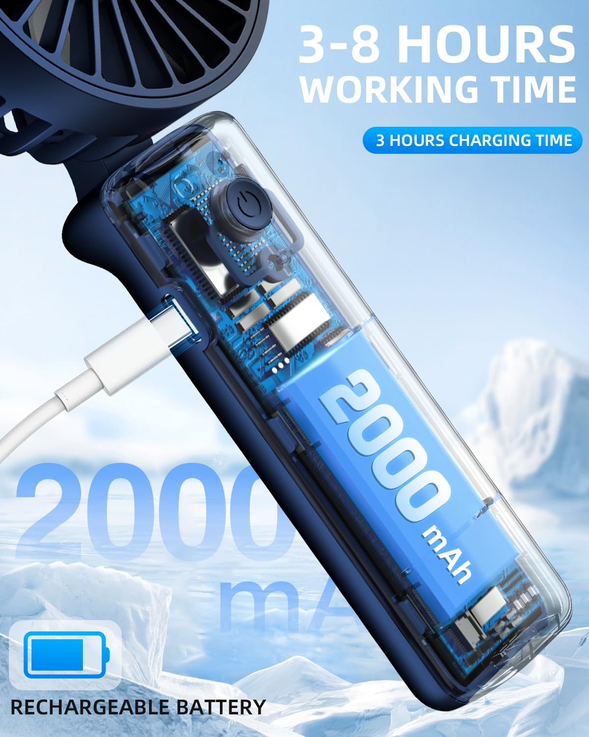 Hssio Portable Mini Fan, Handheld Fan, Small Desk Fan 180 Adjustable, 3 8 Hours Working Time, 3 Speeds, 2000Mah Battery Operated