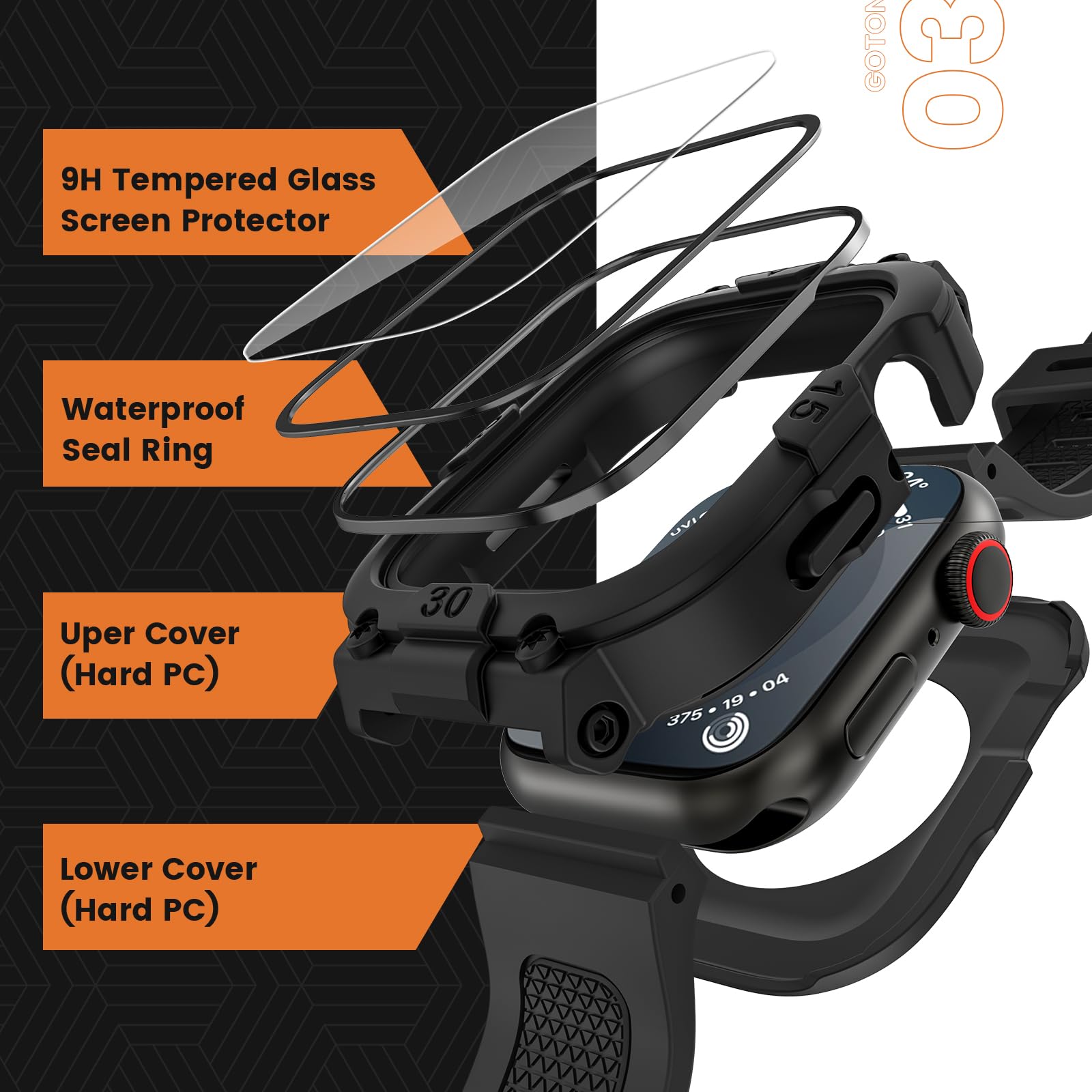 Goton 3 In 1 Waterproof Case And Band With Tempered Glass Screen Protector For Apple Watch Series 9 8 7 41Mm, Hard Pc Bumper Cov