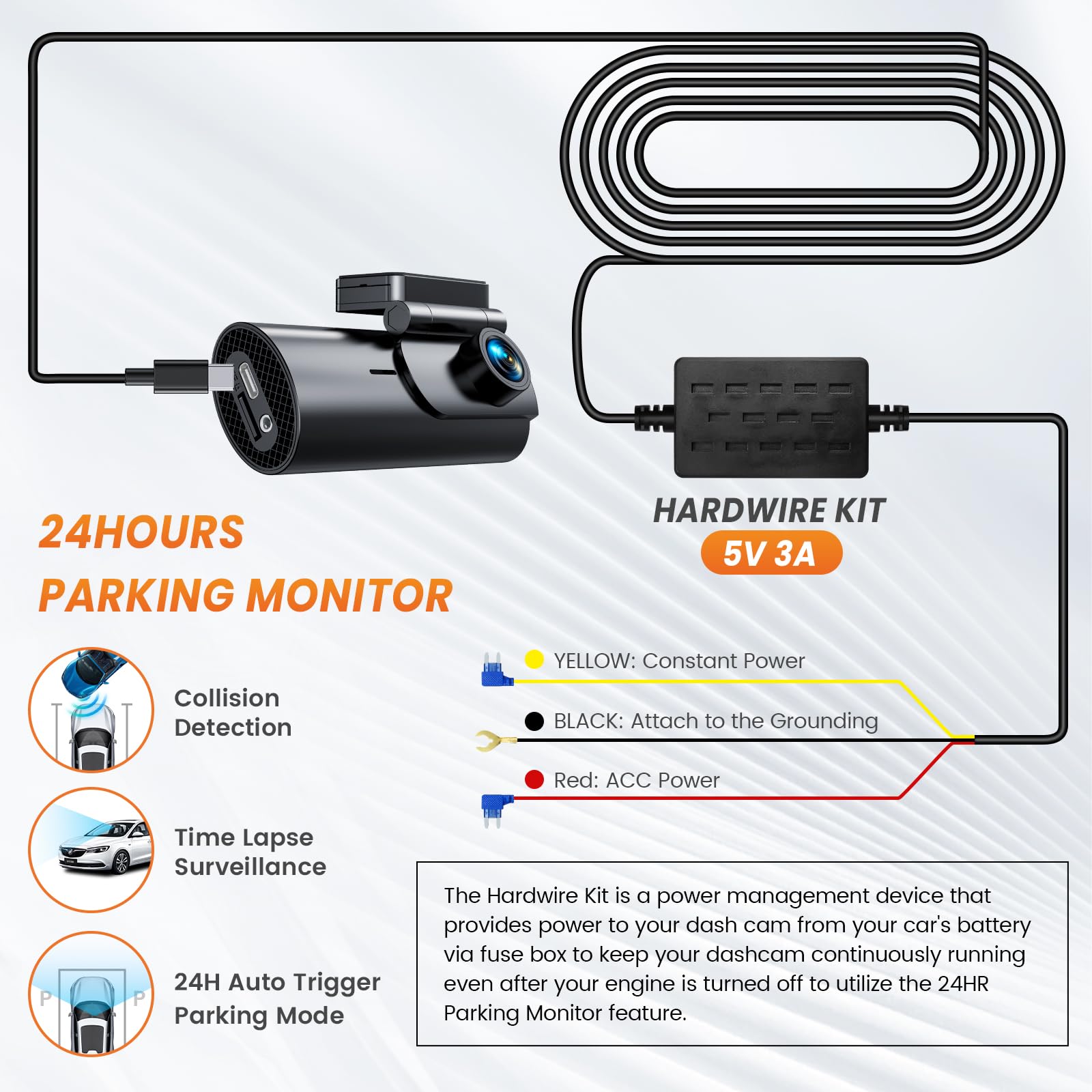 Gku Dash Cam Hardwire Kit, Acc Hard Wire Car Camera Charger Cable Kit 12V  24V To 5V Car Dash Camera Charger Power Cord With Bat