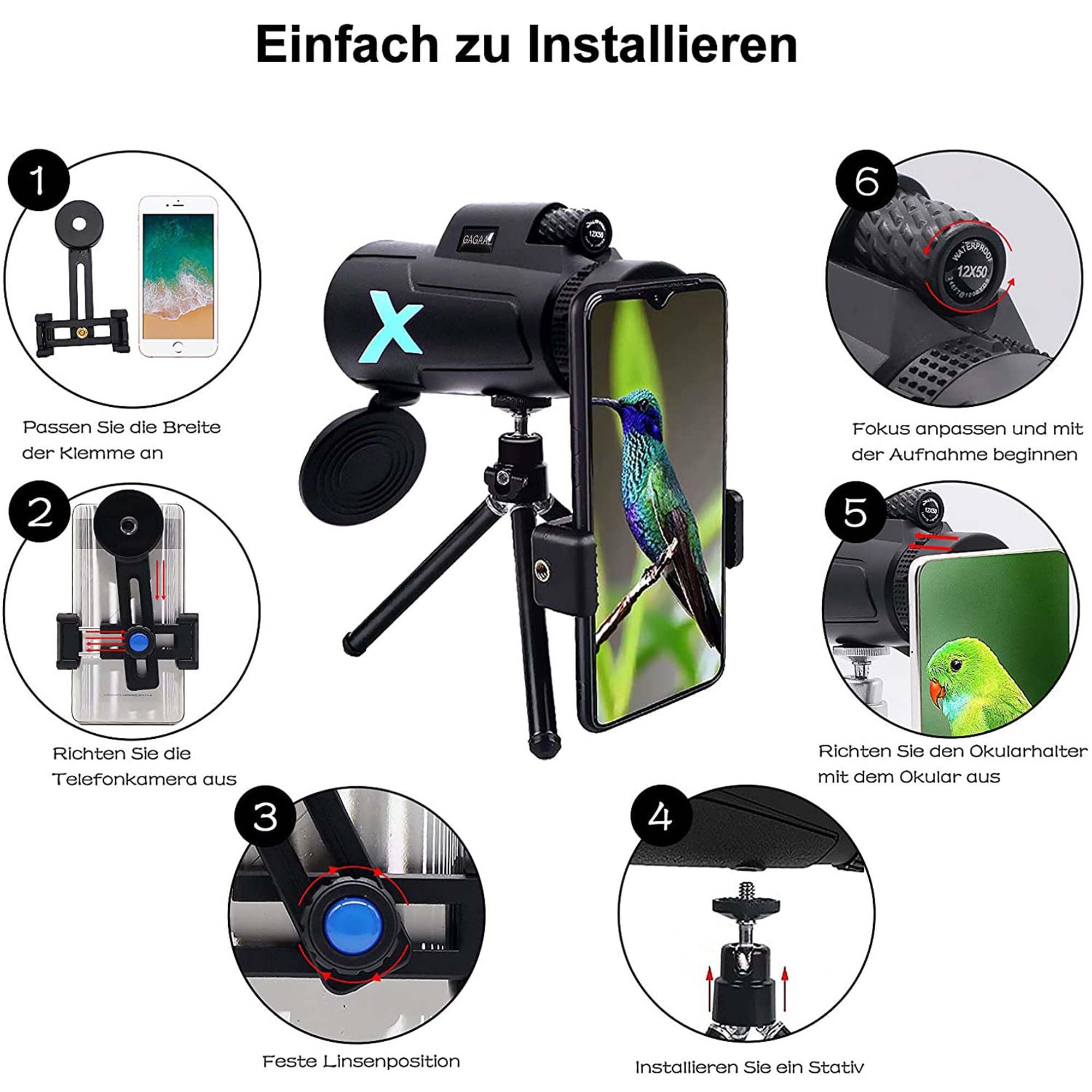 12X50 Monocular Telescope   2023 Small Monocular Telescope High Power, Monocular Telescope For Smartphone Holder & Tripod, Suita