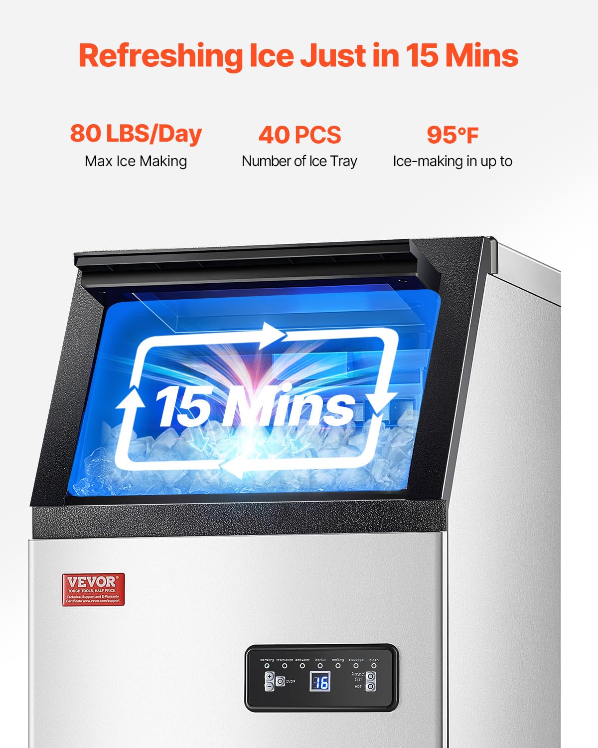 Vevor 80Lbs/24H Commercial Ice Maker Machine With Drain Pump, 28Lbs Storage Capacity Ice Maker, 36 Ice Cubes In 15 Minutes, Led