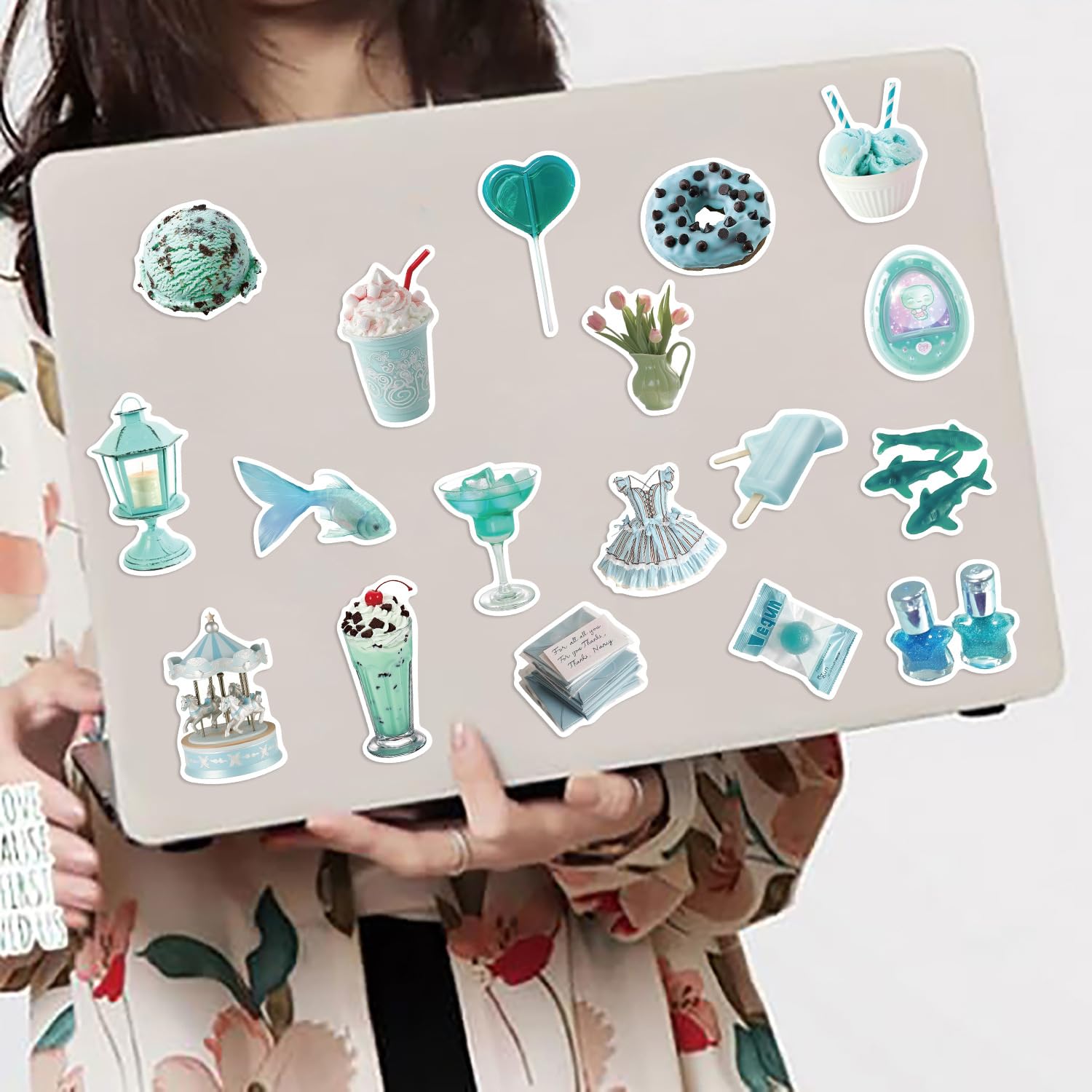 Yoksas 50Pcs Cute Mint Green Stickers   Waterproof Vinyl Vsco Aesthetic Boys Girls Stickers For Headphone,Computer,Guitar,Luggag