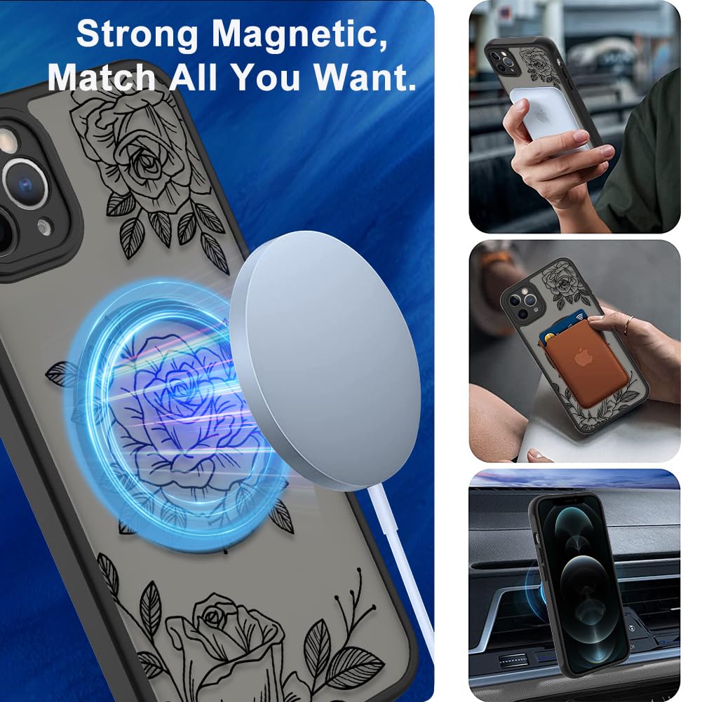 Ook Magnetic For Iphone 12 Pro Case Black Flower Floral Pattern [Compatible With Magsafe] Slim Translucent Matte Camera Lens Pro