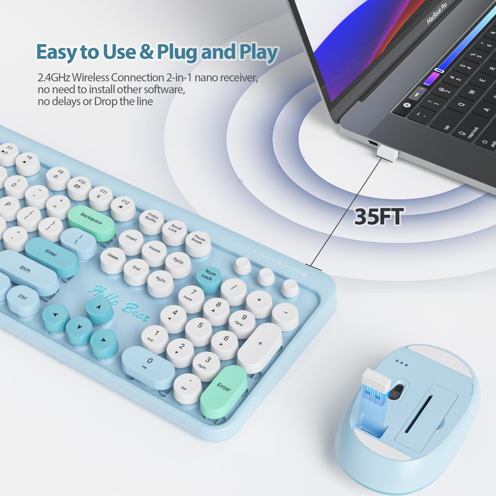 Fogruaden Wireless Keyboard And Mouse Combo, 2.4Ghz Retro Typewriter Keyboard, 104 Full Size Round Keycap Cute Computer Keyboard