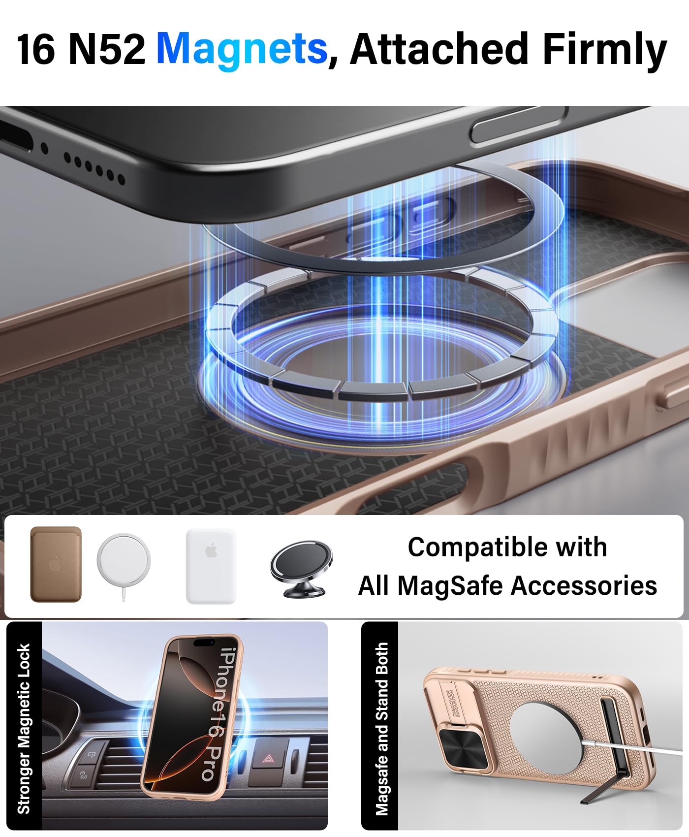 Vihibii For Iphone 16 Pro Magnetic Case With Stand, [Compatible With Magsafe], Slide Camera Cover, Military Grade Drop Protectio