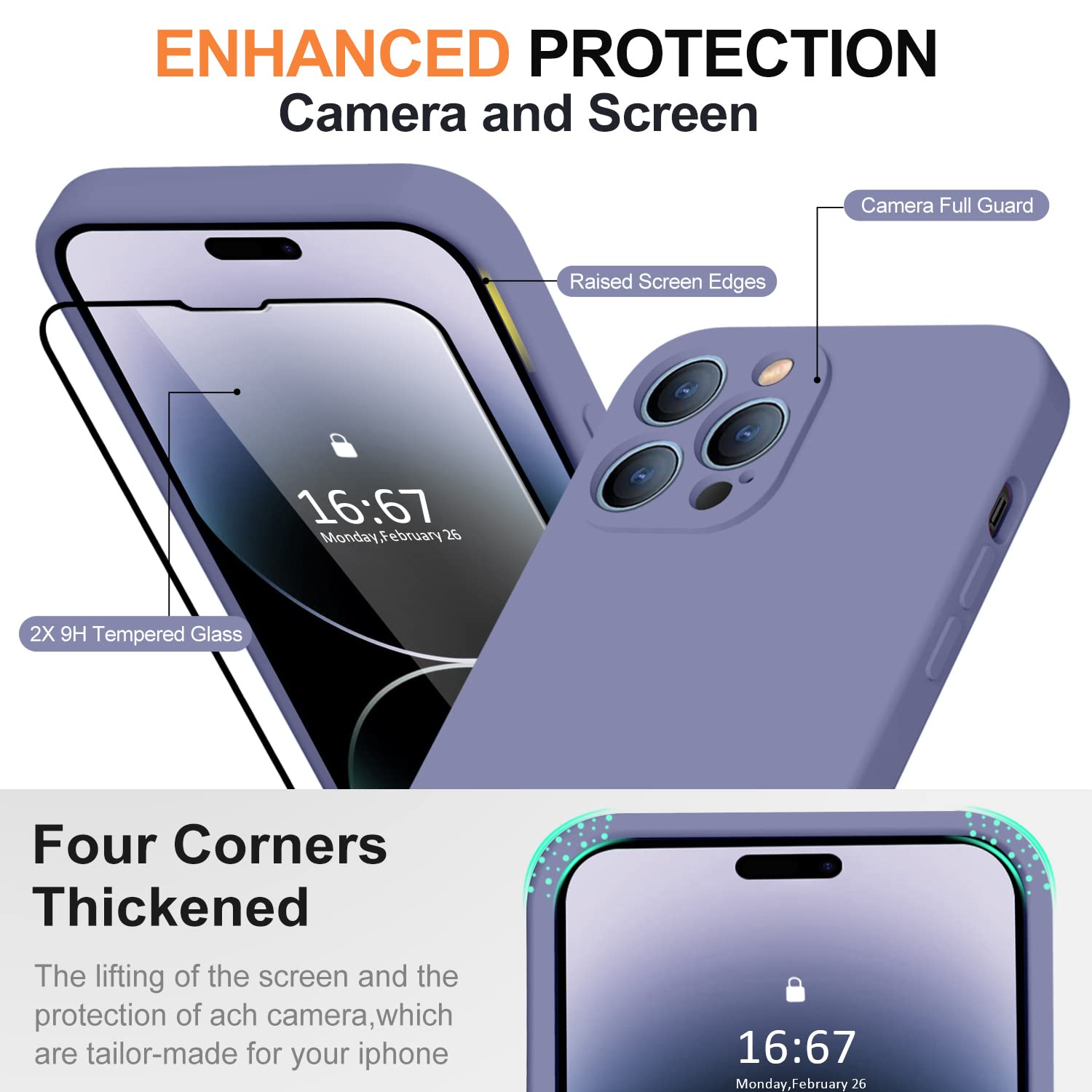 TISOOG iPhone 14 Pro Case with Camera Protection & 2 Screen Protectors, Slim Shockproof Silicone, Lavender Grey