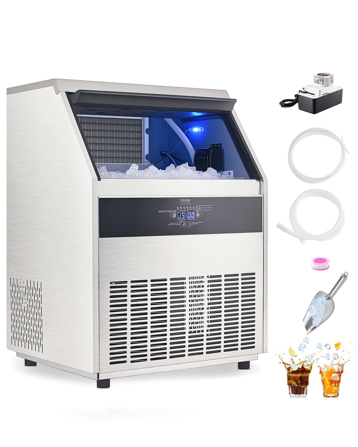 VEVOR 265lbs/24H Commercial Ice Maker Machine with Drain Pump, 88lbs Storage Capacity Ice Maker, 126 Ice Cubes in 15 Minutes, LE
