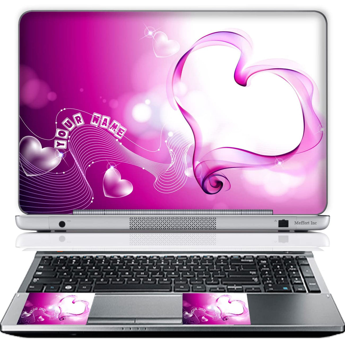 Meffort Inc Personalized Laptop Skin Sticker Cover Art Decal with Wrist Pad, Customize Your Text (17-17.3 Inch, Pink Heart)