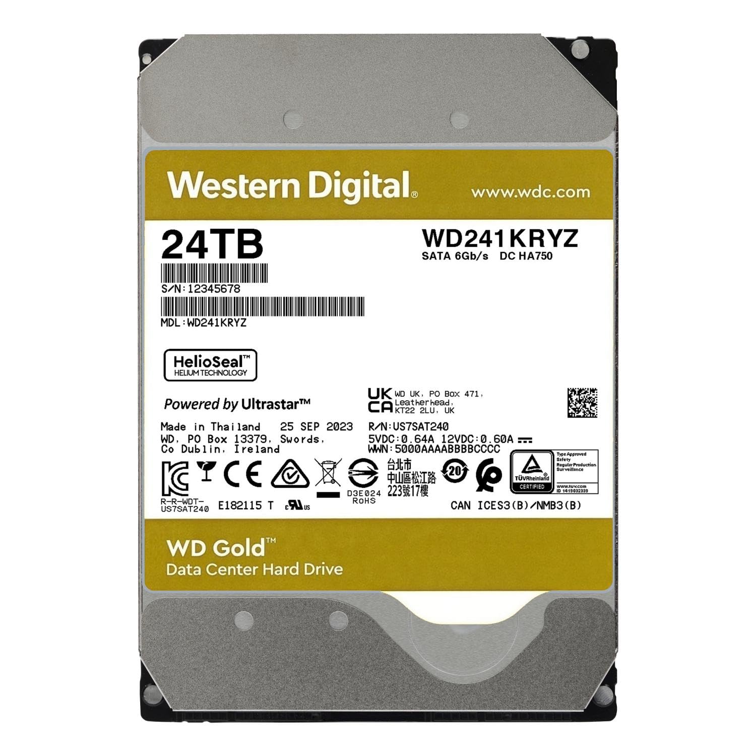 Western Digital 24Tb Wd Gold Enterprise Class Sata Internal Hard Drive Hdd - 7200 Rpm, Sata 6 Gb/S, 512 Mb Cache, 3.5 - Wd241Kry