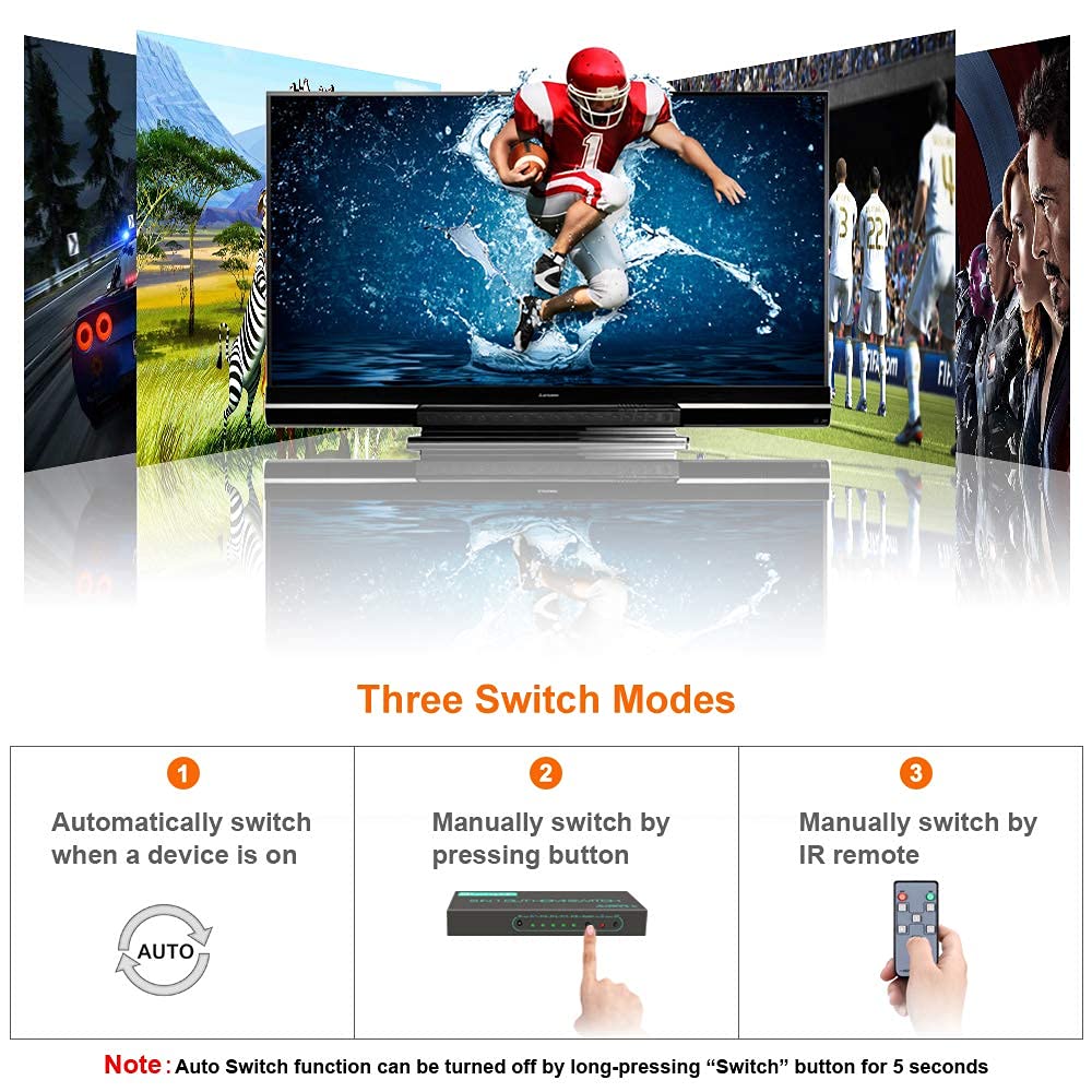 (Newest Version) 4K@60Hz Hdmi Switch, Skycrophd 5 Port Hdmi 2.0 Switcher With Remote Support Auto Switch, Hdr10, Dolby Vision, D