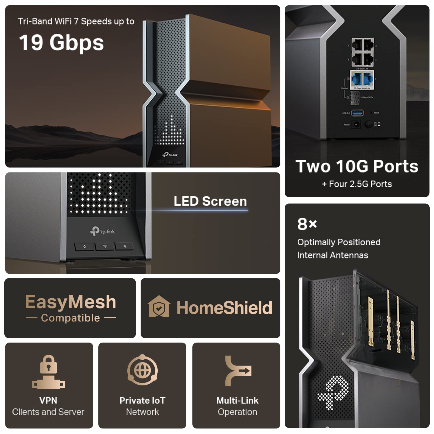 Tp Link Tri Band Be19000 Wifi 7 Router (Archer Be800) | 12 Stream 19 Gbps | 2    10G + 4    2.5G Ports | Led Screen | 8 High Per