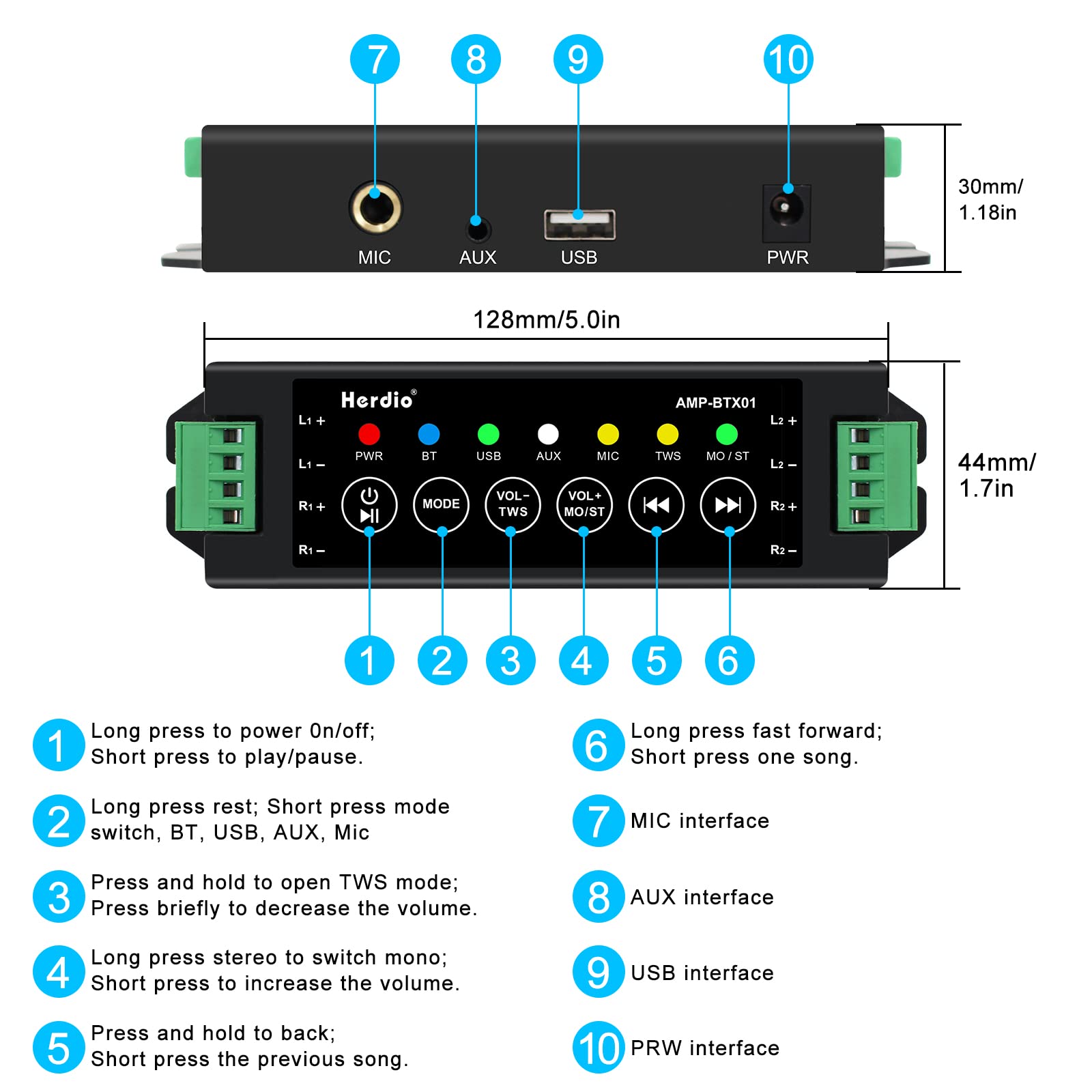 Herdio 800W 6.5 Inch Outdoor Speakers Bluetooth Waterproof Wired With Superior Amplifier, Wall Mounted Sound System, Enhanced Ba