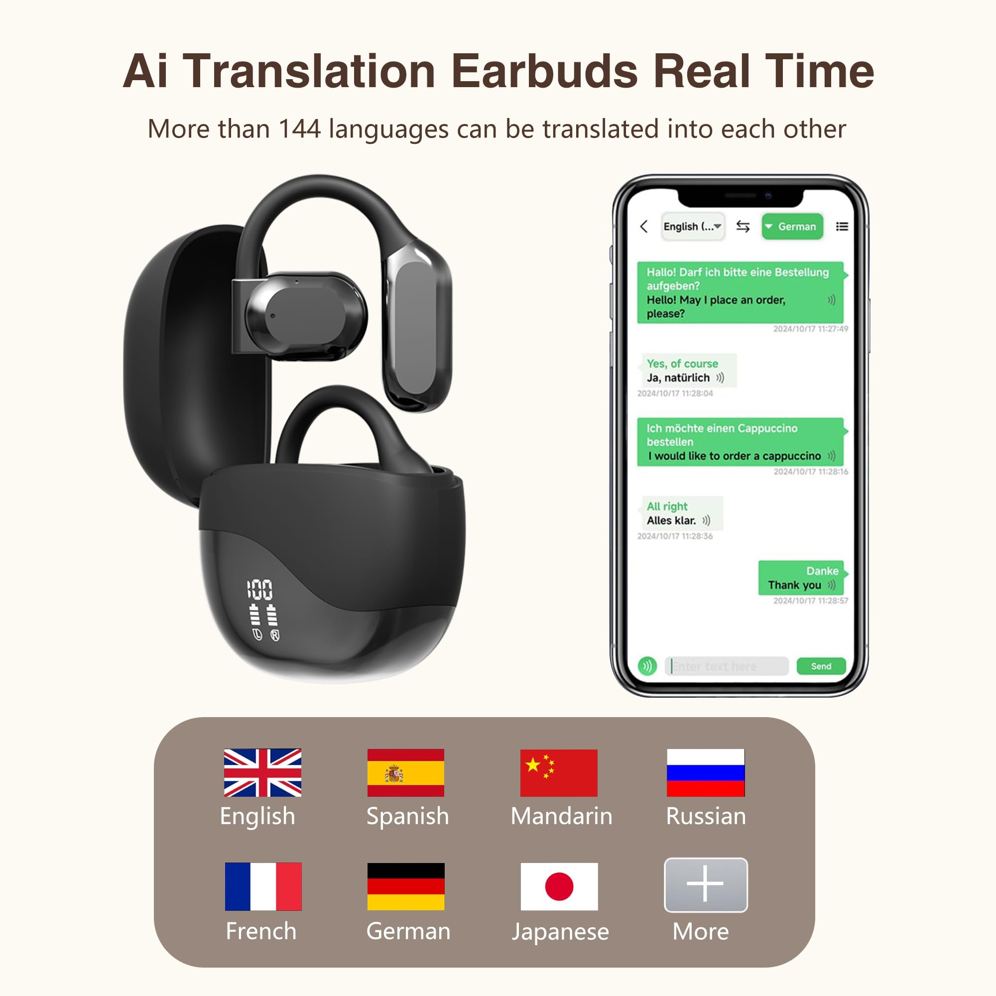 Ai Translation Earbuds Real Time, Wireless Bluetooth Ear Buds Translator, Language Translating Headphones,Hifi Sound,144 Languag