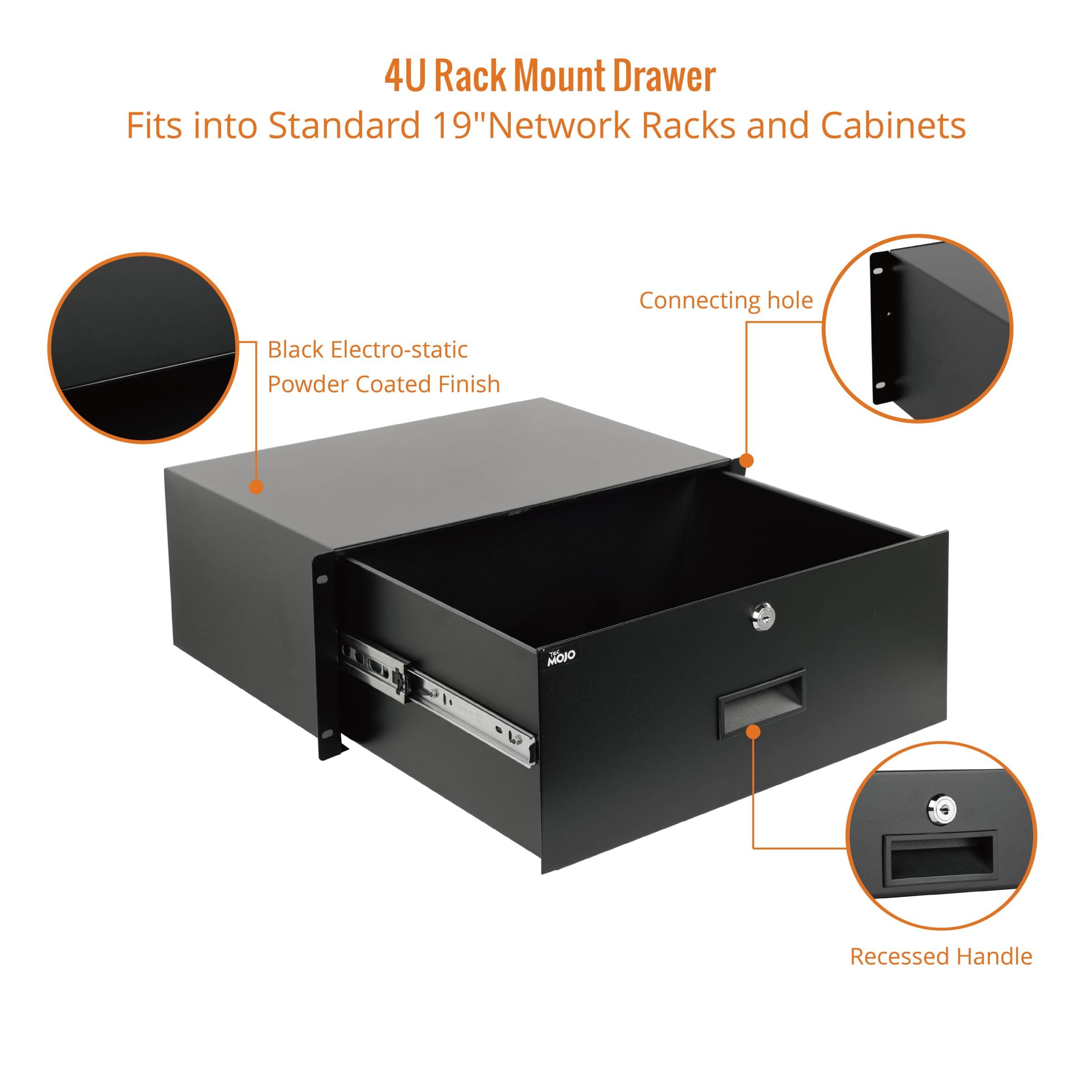 Tecmojo 4U Locking Rack Mount Drawer   22Lb (10 Kg) Secure Lockable Steel Storage Rack Drawer For 19'' Network Equipment/Server/