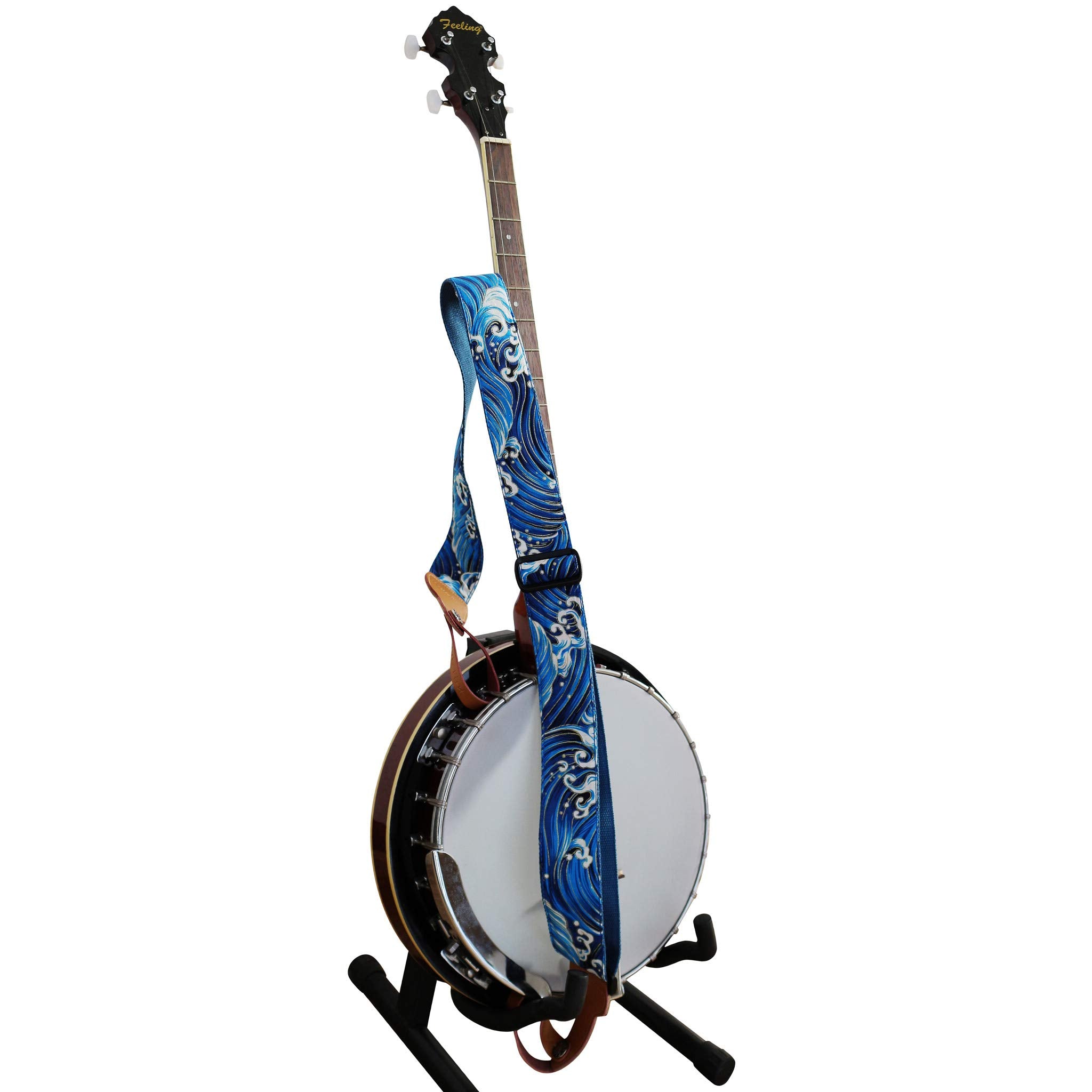 Music First Original Design, 2 Inch Width (5Cm),    Tsunami Waves    Soft Muslin & Genuine Leather Delux Banjo Strap, With 2 Pie