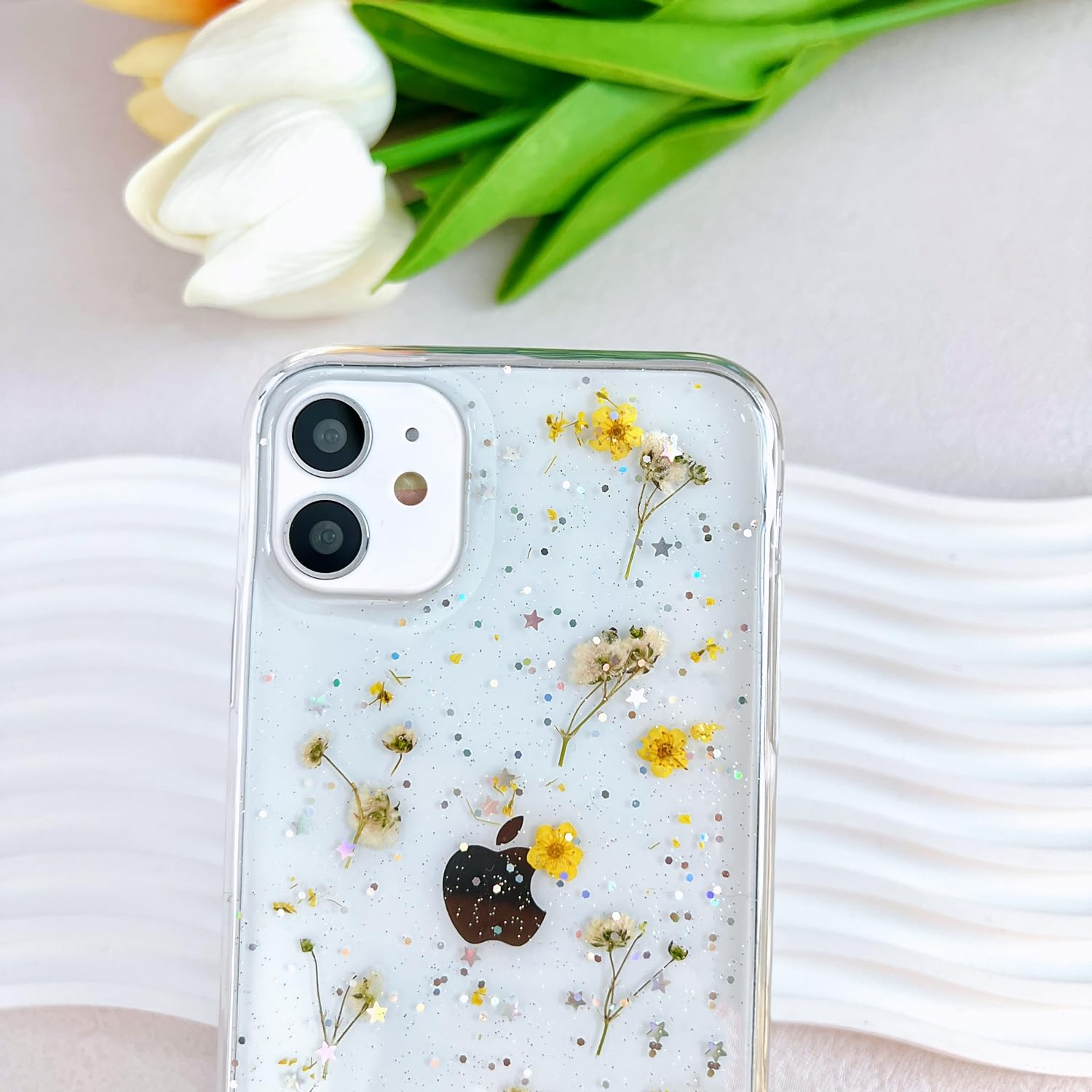 Lseeka For Iphone 11 Clear Case With Pressed Real Flowers Design,Glitter Cute Yellow Floral Pattern Slim Soft Tpu Protective Wom