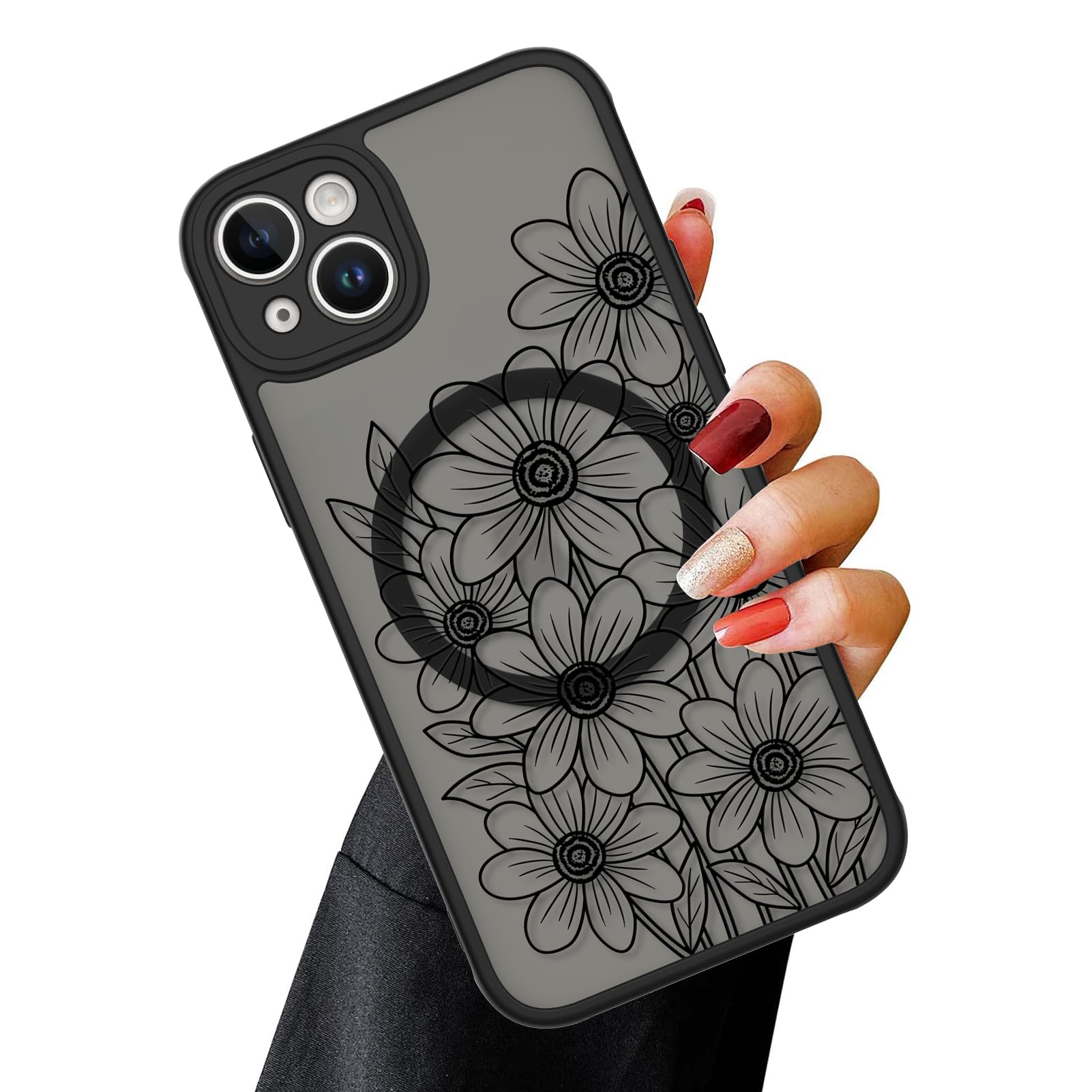Ook Magnetic For Iphone 14 Case Black Flower Sunflower Pattern [Compatible With Magsafe] Slim Translucent Matte Camera Lens Prot