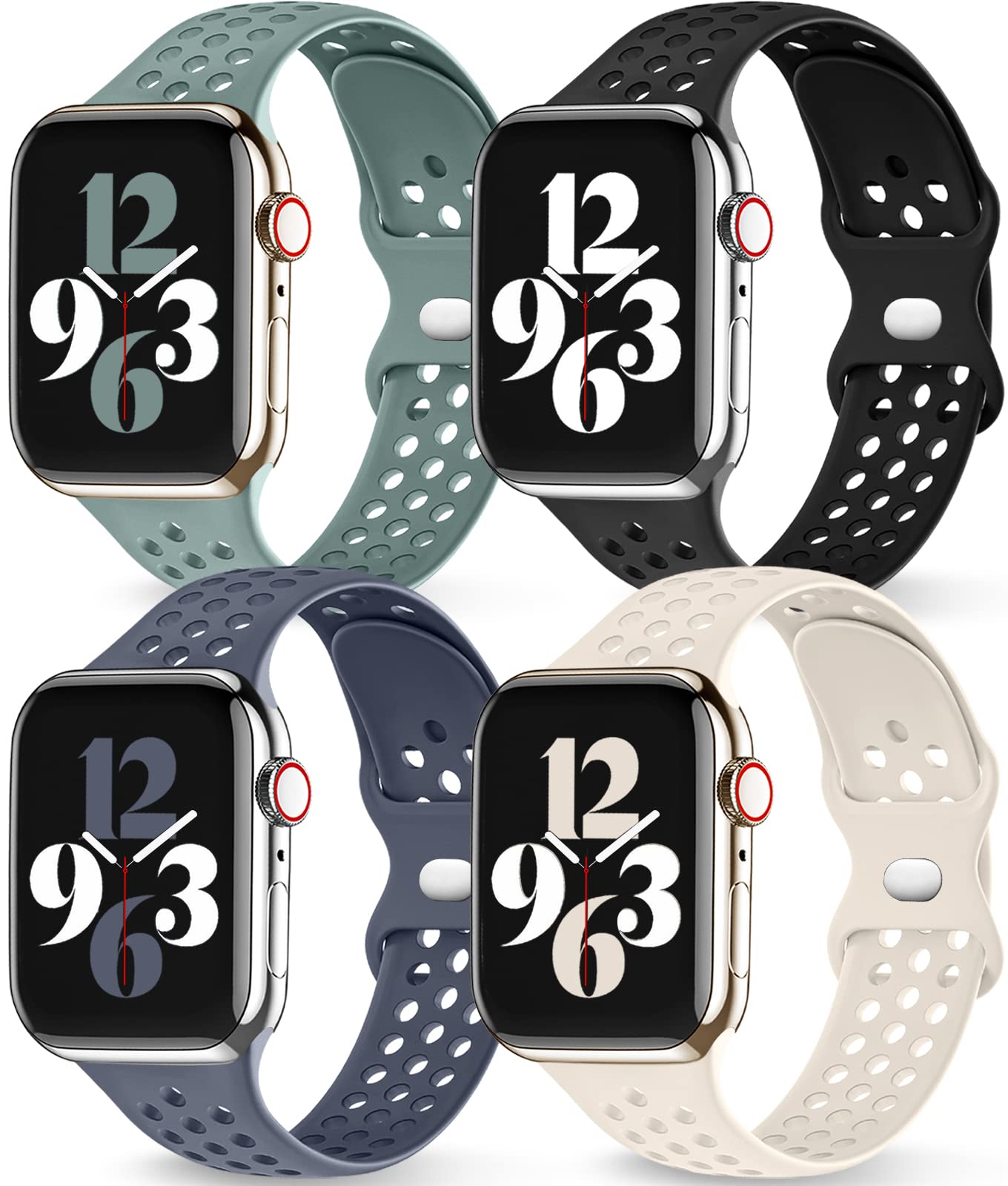 4 Pack Getino Sport Bands Compatible With Apple Watch 38Mm 40Mm 41Mm Band For Women Men, Breathable Soft Silicone Strap For Iwat