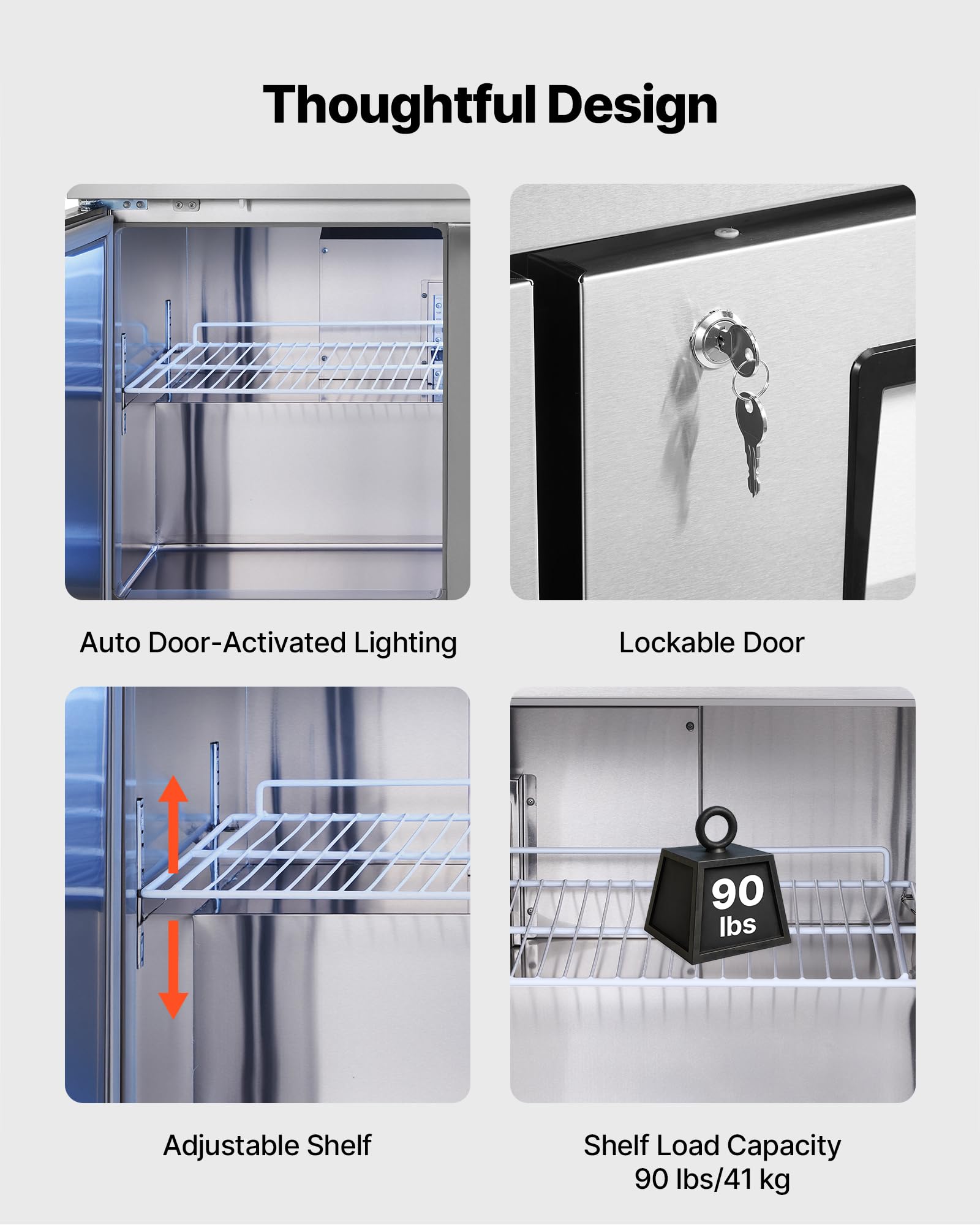 Vevor 72 W Commercial Freezer, 17.7 Cu.Ft Worktop Freezers Undercounter With Led Auto Lighting And Lockable Door, 3 Doors Food F