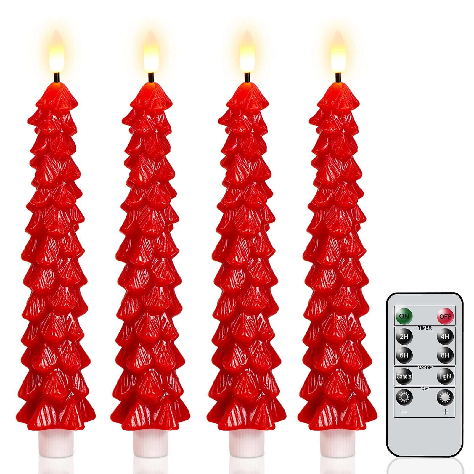 KunSwenn Christmas Tree Candles Battery Operated, Red Waxy Christmas Tree Flameless Taper Candles with Remote Timer, Set of 4 LE