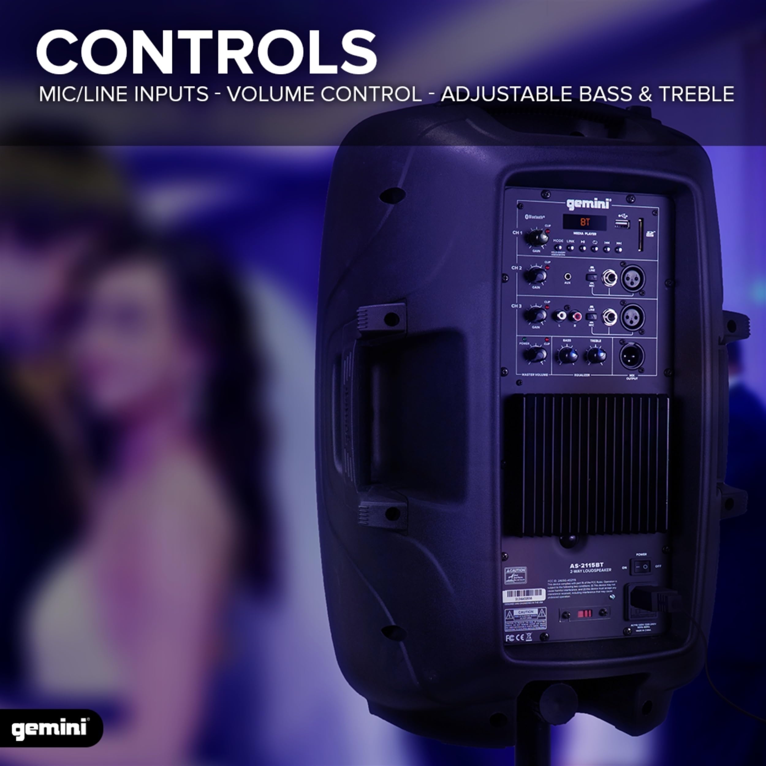 Gemini 15    2000W Bluetooth Pa Speaker With Tws Link, Usb/Sd/Fm, Xlr/Rca/Aux Inputs, Dual Mic & Guitar Inputs, Eq Control, Pro