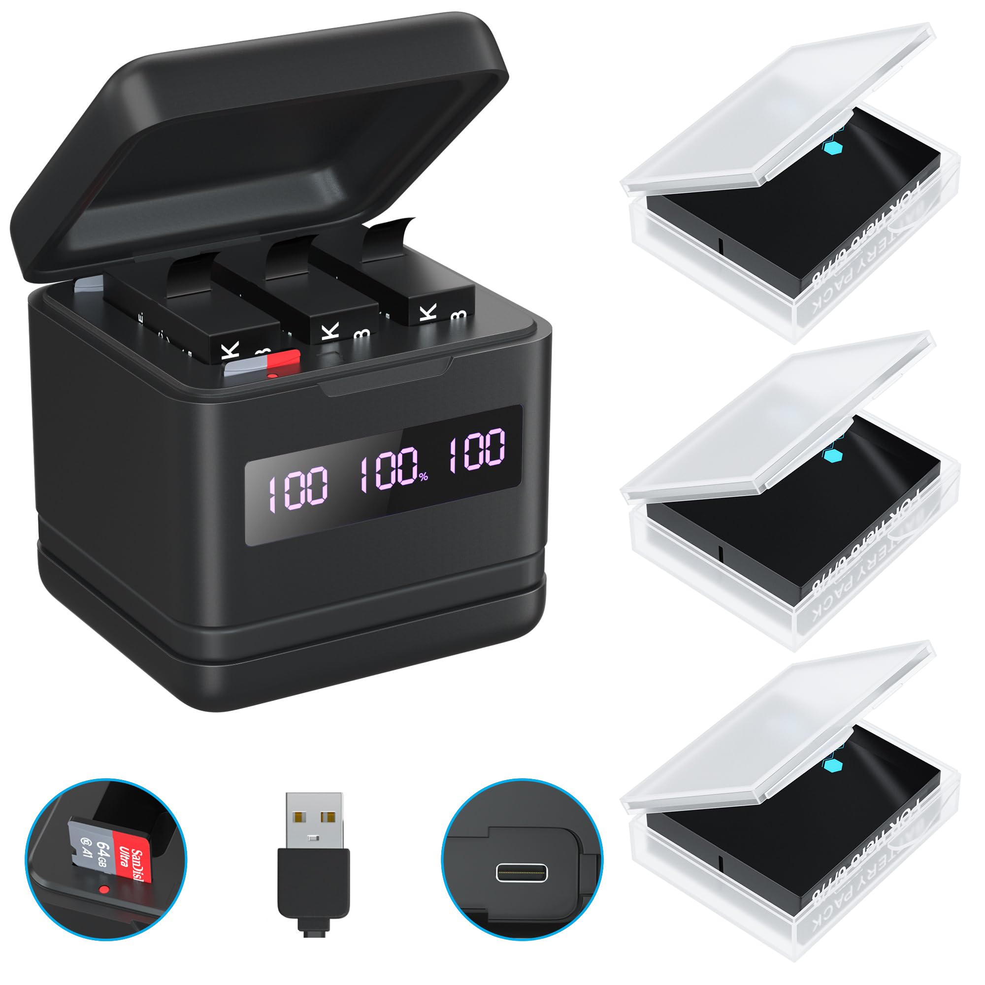 Flip Reader Box With 3 Pack Batteries And Fast Charger For Gopro Hero 8/Hero 7/Hero 6/Hero 5, Usb And Usb C Fast Charger With Hi