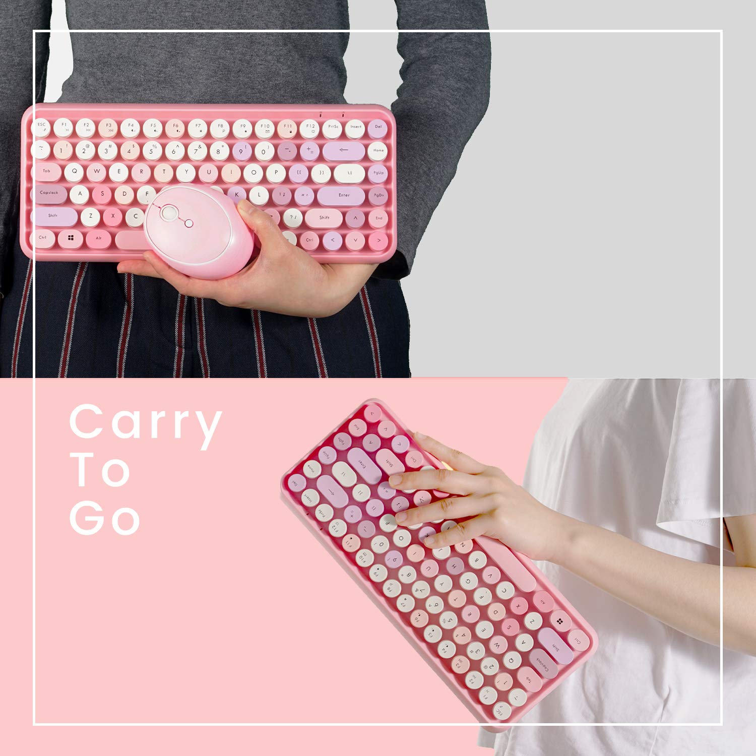 Perixx Periduo 713 Wireless Mini Keyboard And Mouse Combo, Retro Round Key Caps, Pastel Pink, Us English Layout
