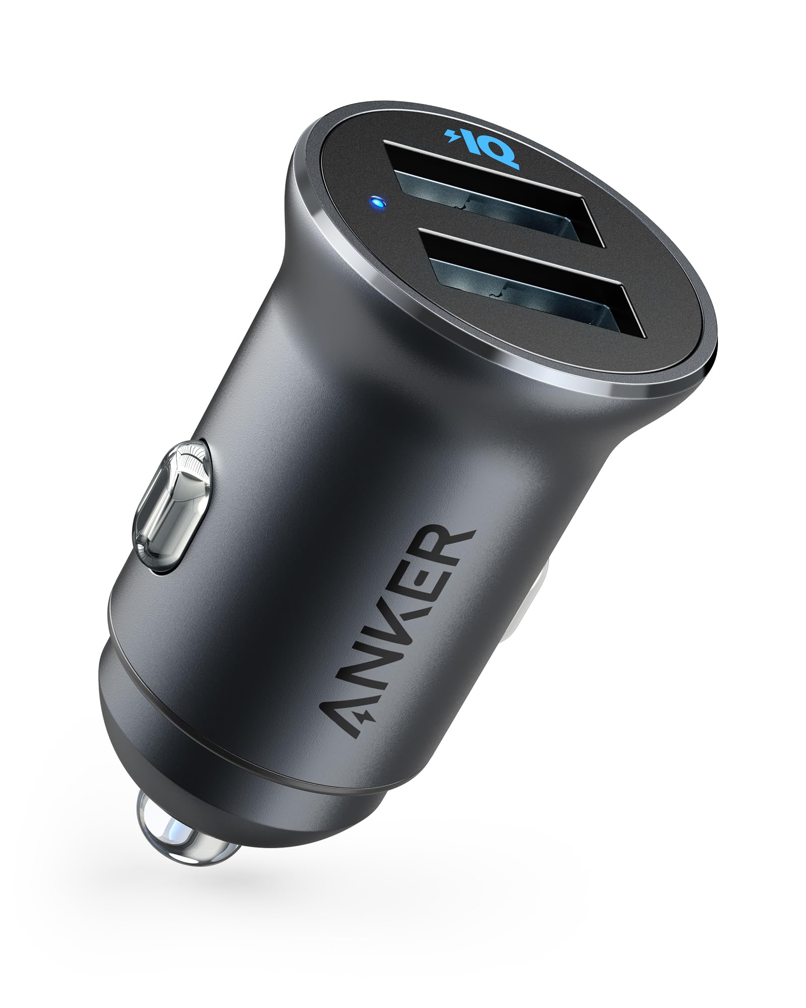 Anker 320 Car Charger (24W Ii), Mini Aluminum Alloy Dual Usb With Blue Led For Iphone 14 13 12 Pro Max Mini X Xs Xr, Ipad Proair