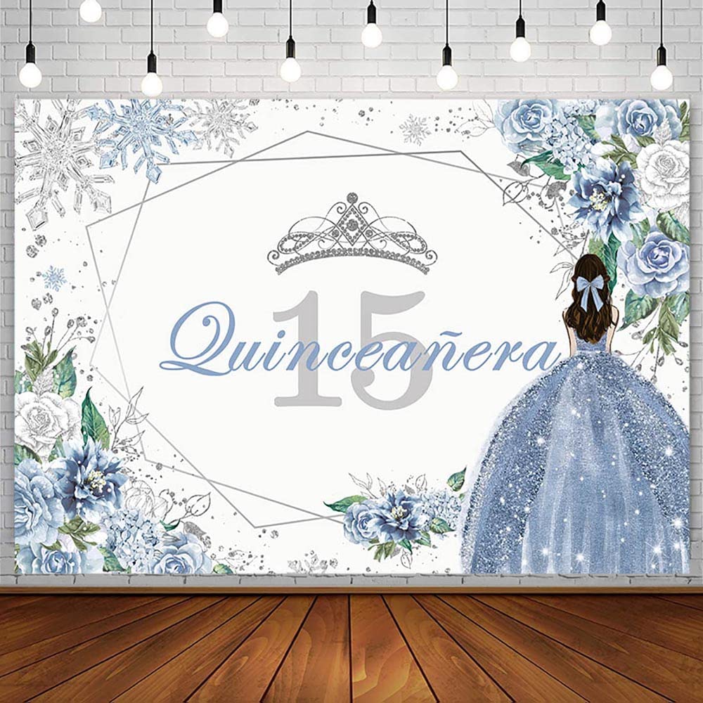 Sendy 7X5Ft Quinceanera 15Th Birthday Backdrop For Sweet Girl Mis Quince Anos 15Th Birthday Party Decorations Blue Silver Glitte