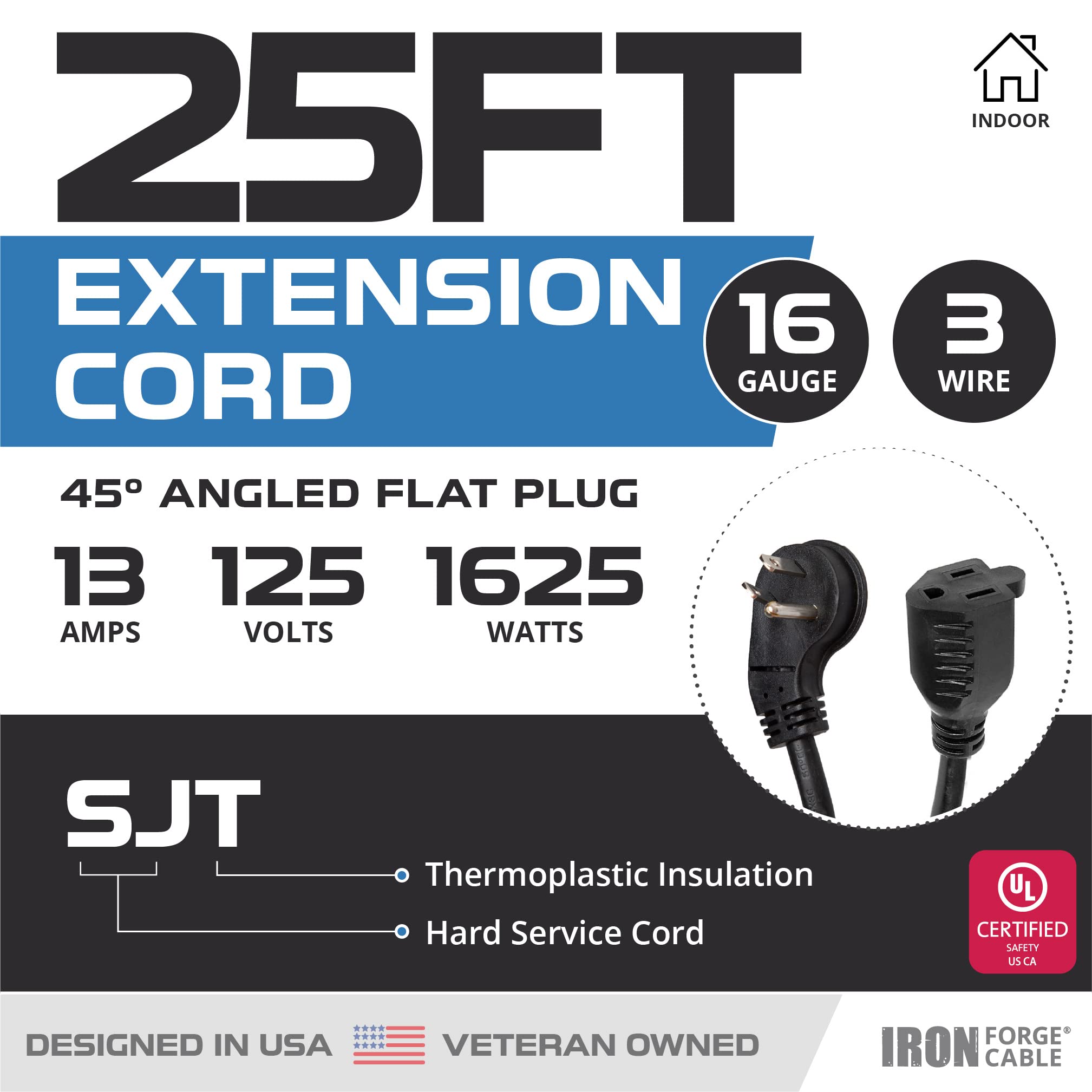Iron Forge Cable Flat Plug Extension Cord 25 Ft, Low Profile Extension Cord 25 Foot With 45 Angled Flat Plug, 16 Awg Black Indoo