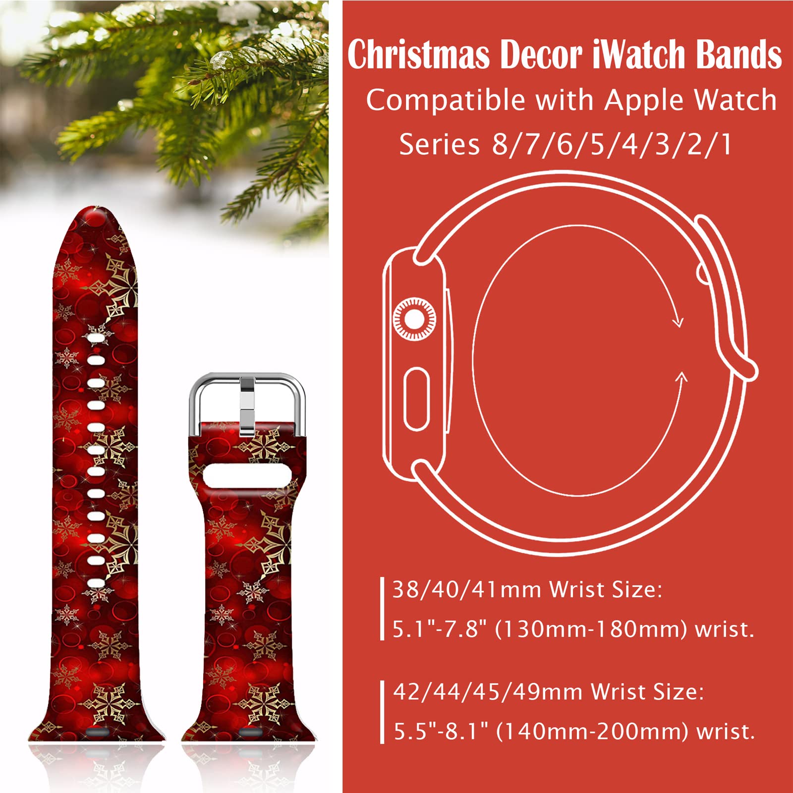 Ftfcase Red Snowflake Christmas Watch Bands Compatible With Apple Watch 41Mm 40Mm 38Mm, Flower Printed Soft Silicone Sport Strap