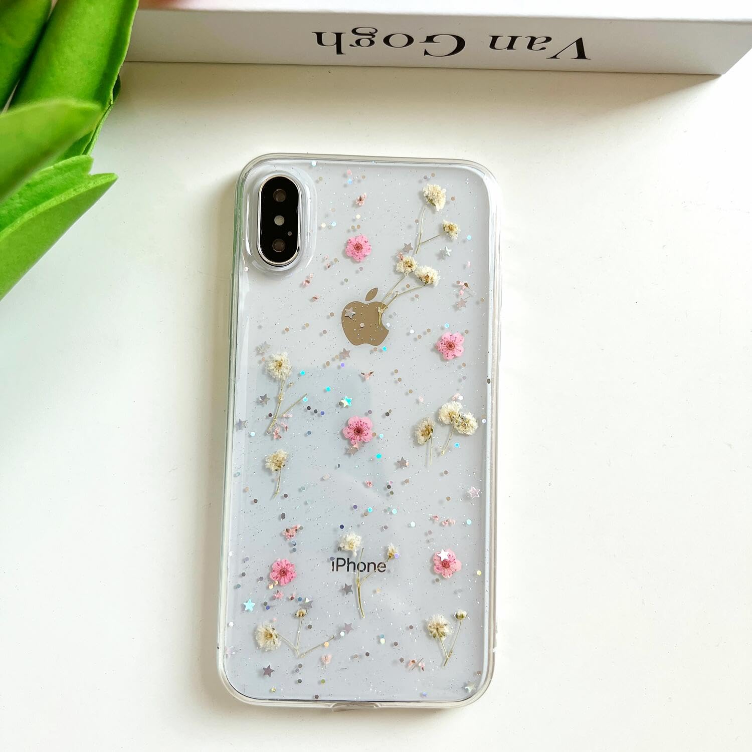 Lseeka For Iphone X/Iphone Xs Clear Case With Pressed Real Flowers Design,Glitter Cute Pink Floral Pattern Slim Soft Tpu Protect