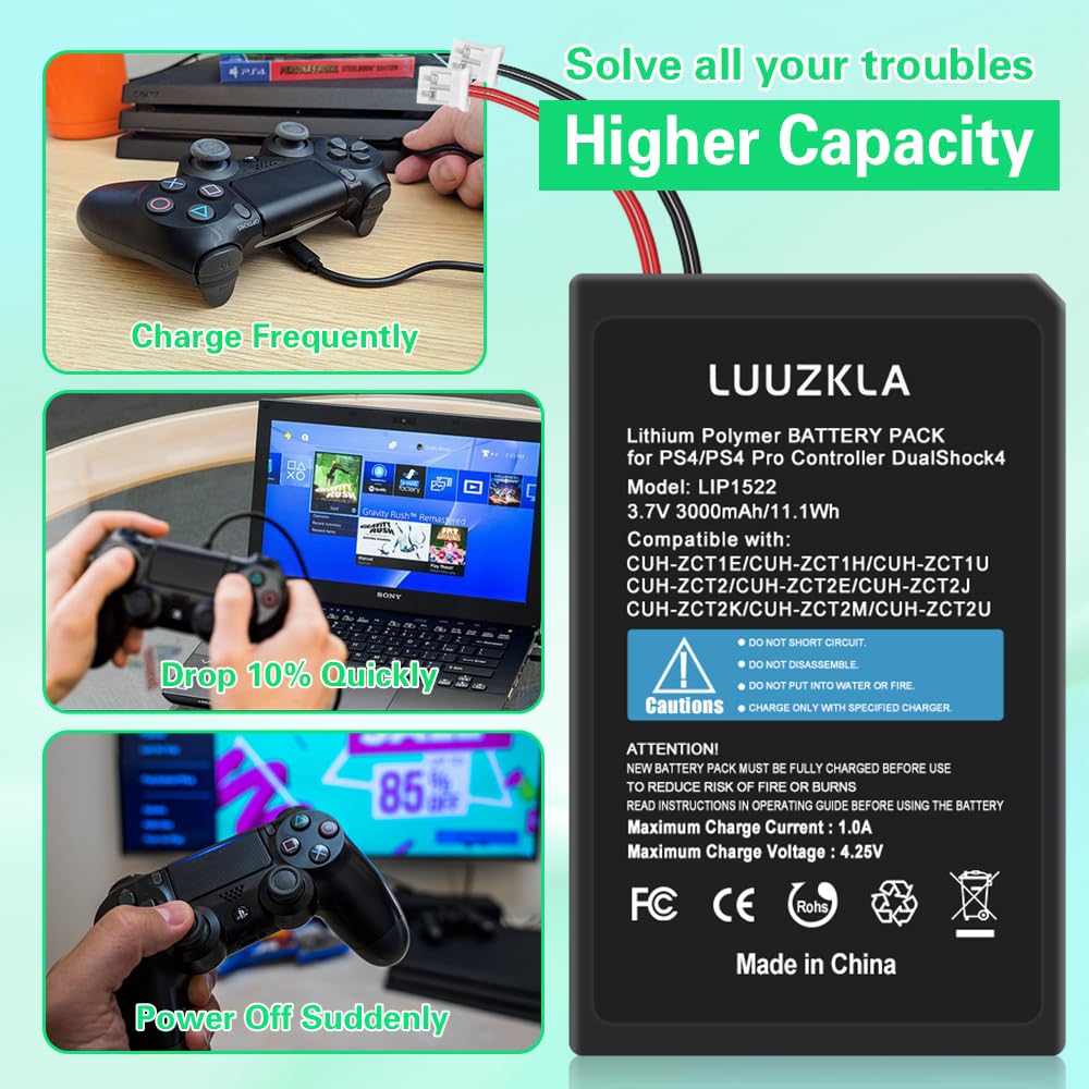 Luuzkla 3000Mah 2 Pack Lip1522 Ps4 Battery, (2024 New Upgrade) Replacement For Playstation 4 Ps4 And Ps4 Pro Dualshock 4 Cuh Zct