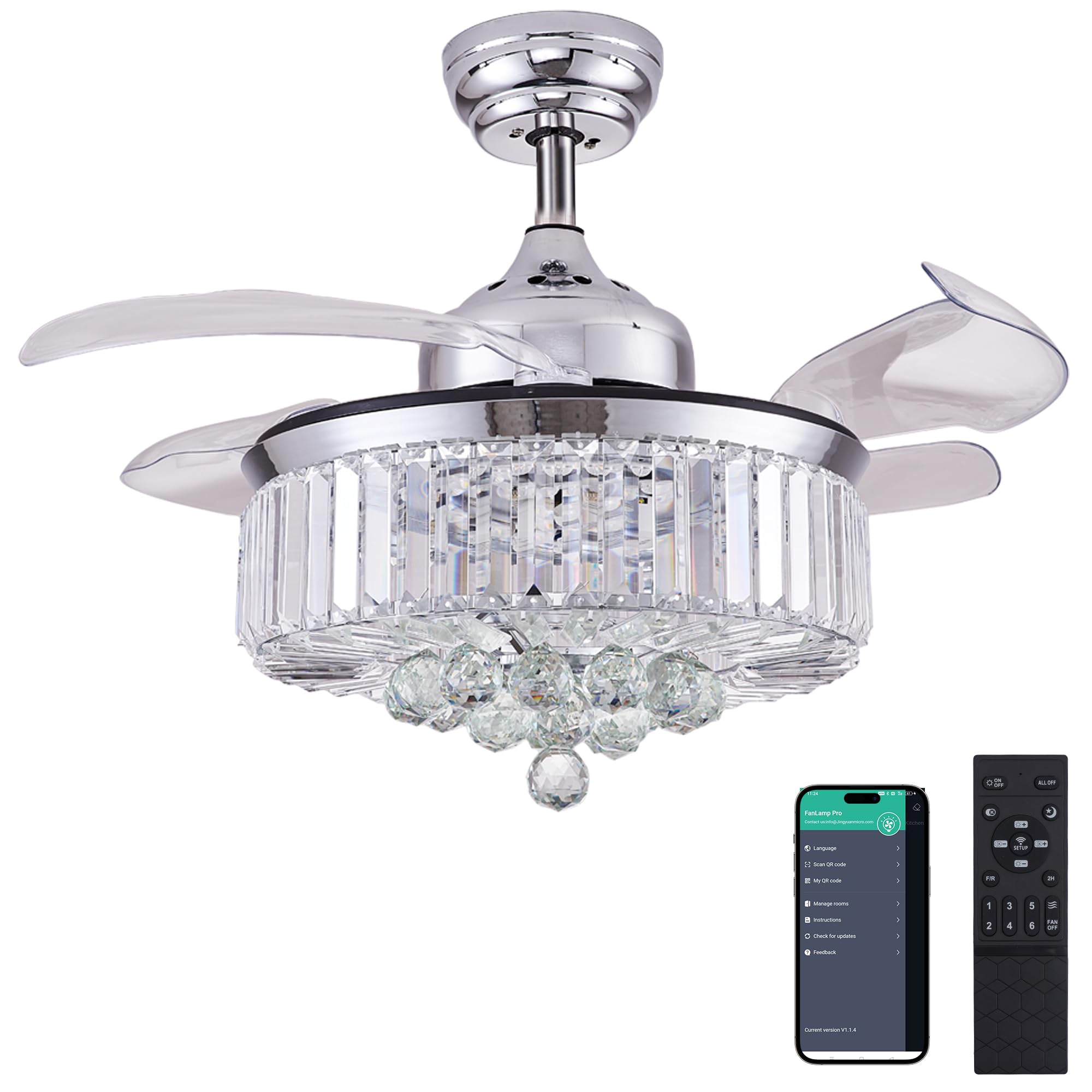 DuMaiWay 36 Dimmable Fandelier Crystal Ceiling Fan with Lights and Remote Modern Invisible Retractable Blades Chandelier Ceiling