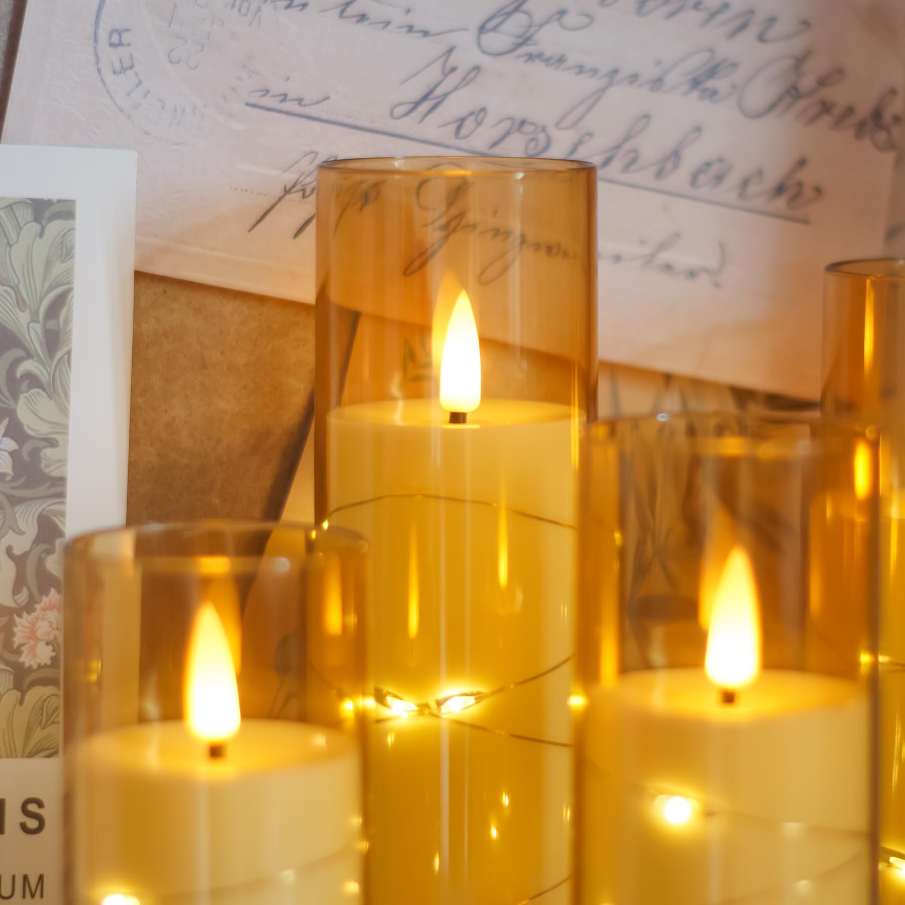 Zevanor Flameless Flickering 2.2'' X5'' 6'' 7'' 8'' 8'' Candles, Led Battery Operated Gold Clear Plastic Timer Pillar Realistic