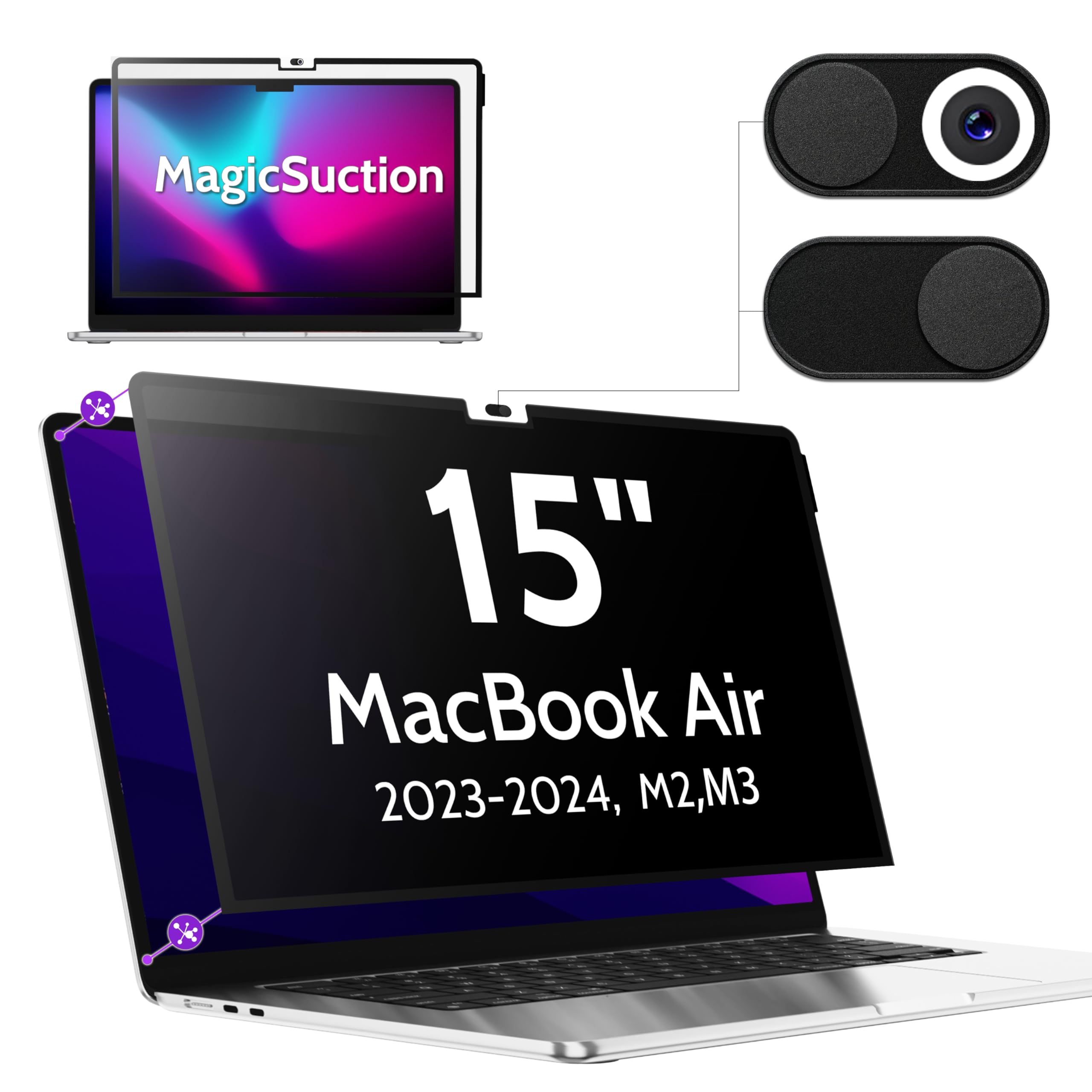 Peslv Privacy Screen Compatible With Macbook Air 15 Inch (2023 2024, M2, M3)  A2941 A3114, Magicsuction Removable Anti Spy Black