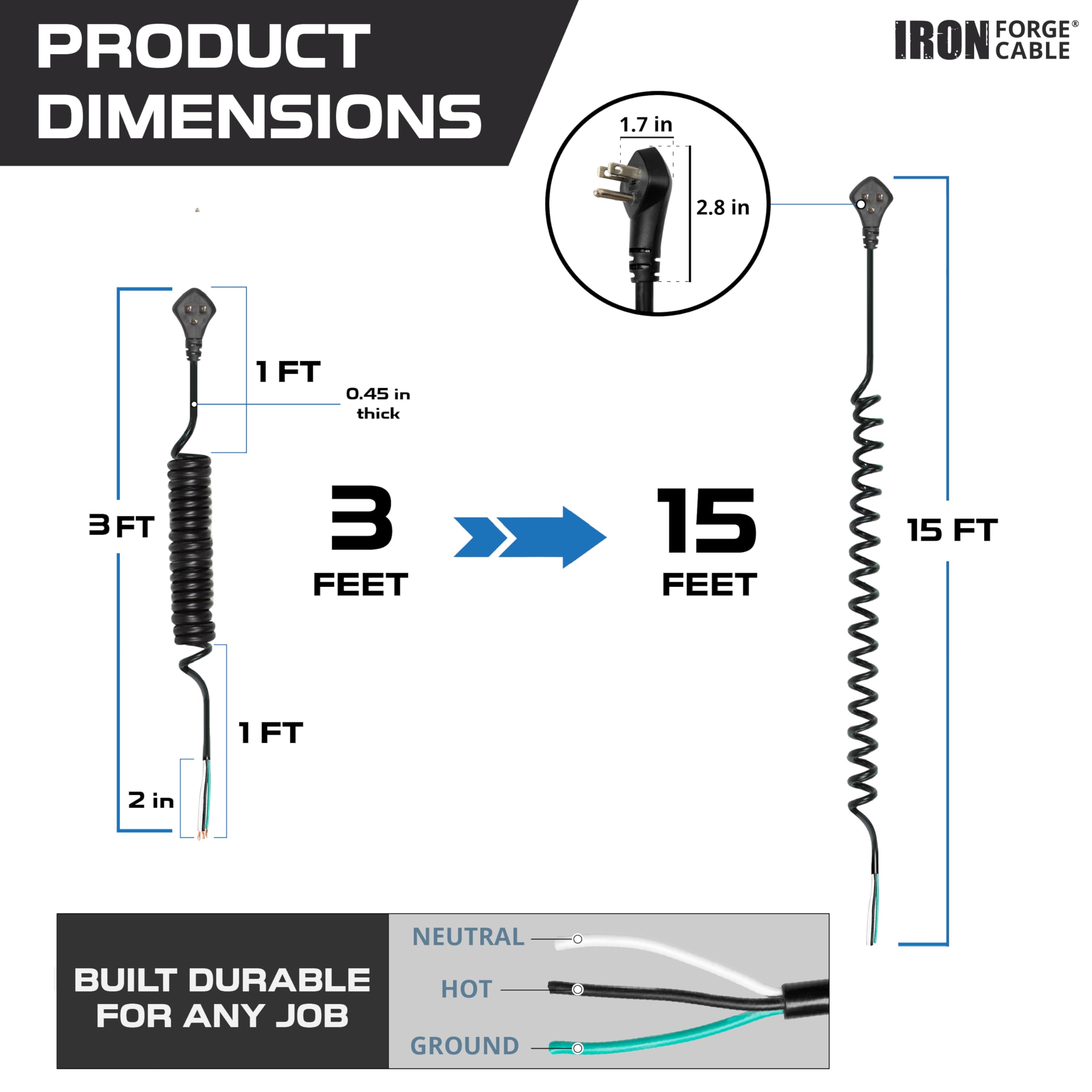 Iron Forge Cable Coiled Extension Cord Replacement 15 Ft   12 Gauge 15 Amp Heavy Duty Power Extension Cords   Sjeow Oil Resistan