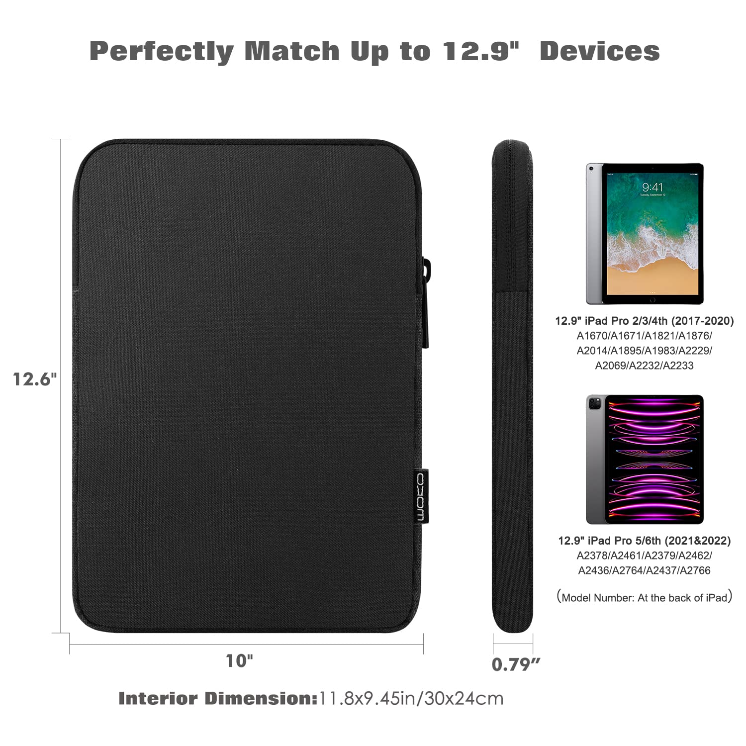 MoKo 12.9 Inch Tablet Sleeve Fits 13 Inch New iPad Pro M4 & Air M2 2024,iPad Pro 12.9 M2&M1,Galaxy Tab S8+/S9+ 12.4,Surface Laptop Go 12.4,Polyester Bag Fit with Apple Pencil or Smart Keyboard, Black