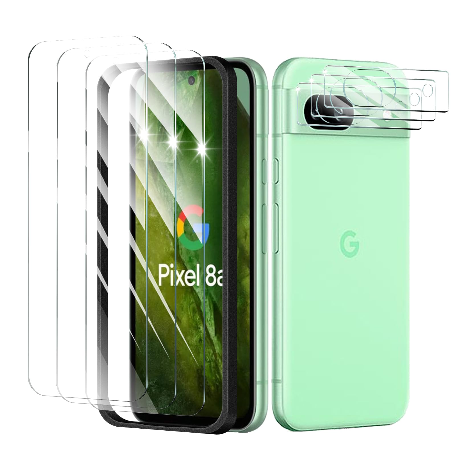 3+3+1-Pack, Screen Protector and Camera Lens Protector for Google Pixel 8A with Installation Alignment Aid, Tempered Glass Film,
